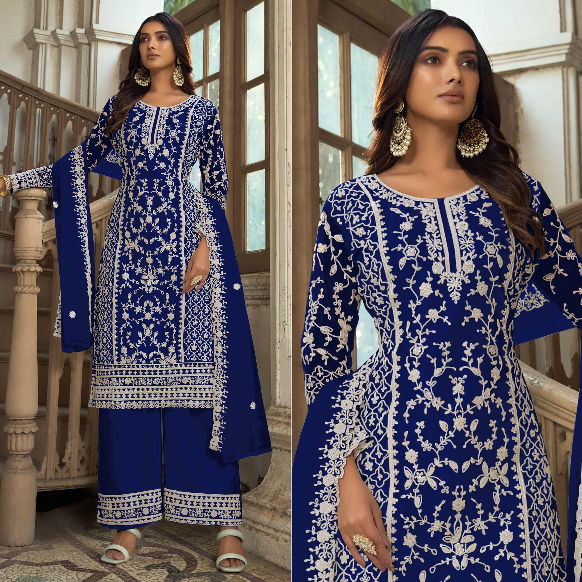 Royal Blue Floral Embroidered Net Semi Stitched Suit