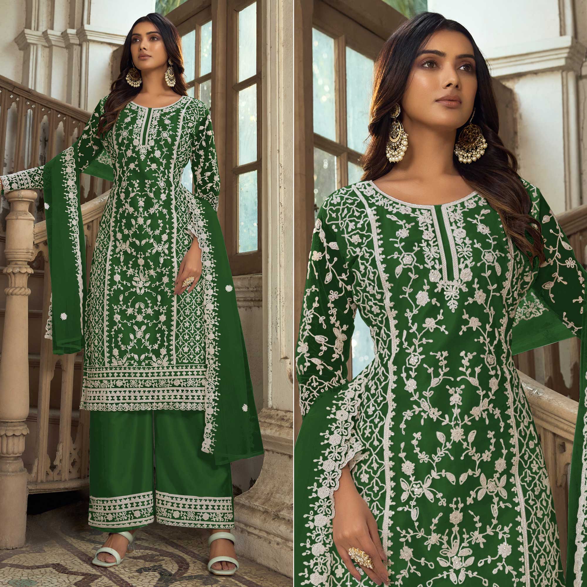 Green Floral Embroidered Net Semi Stitched Suit