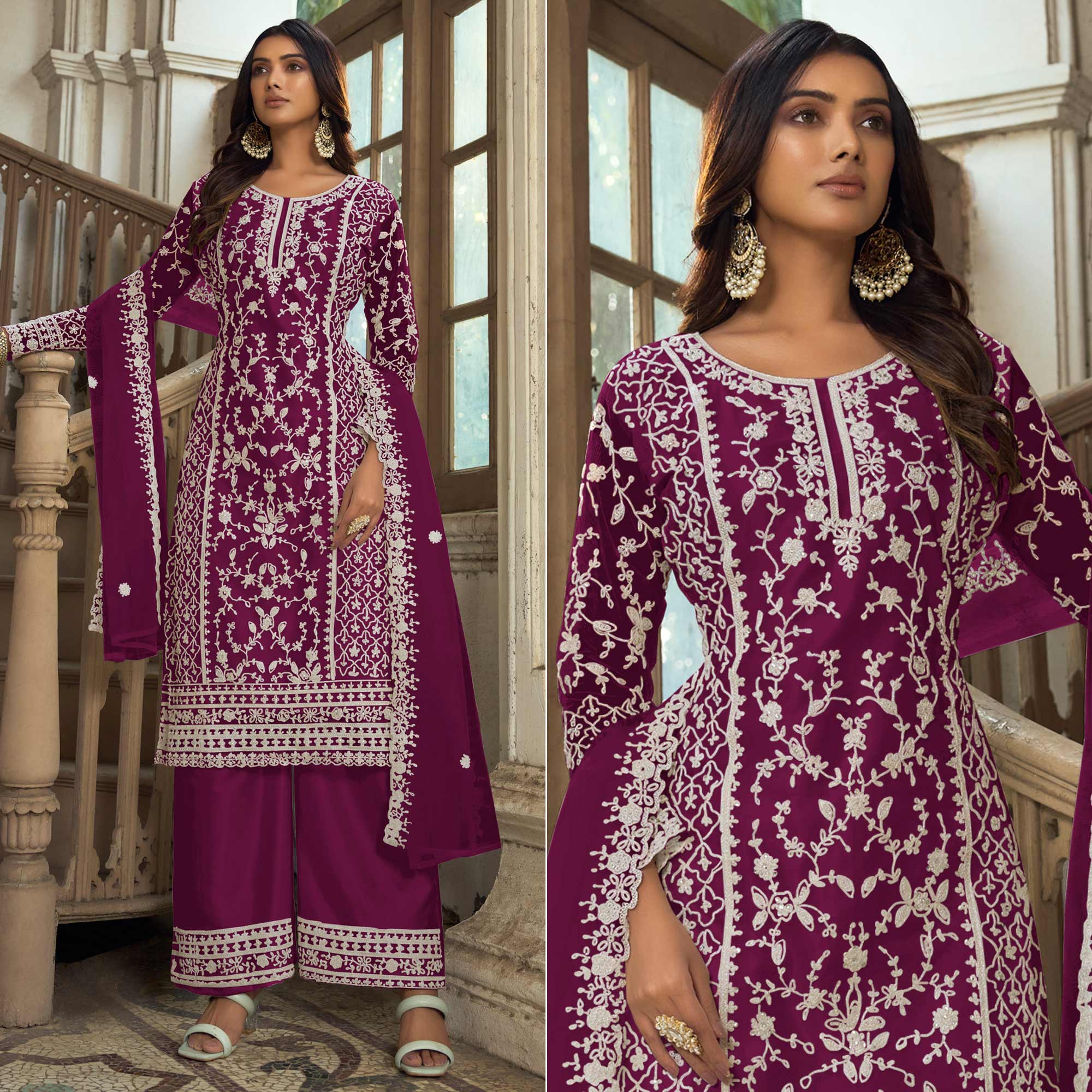 Purple Floral Embroidered Net Semi Stitched Suit