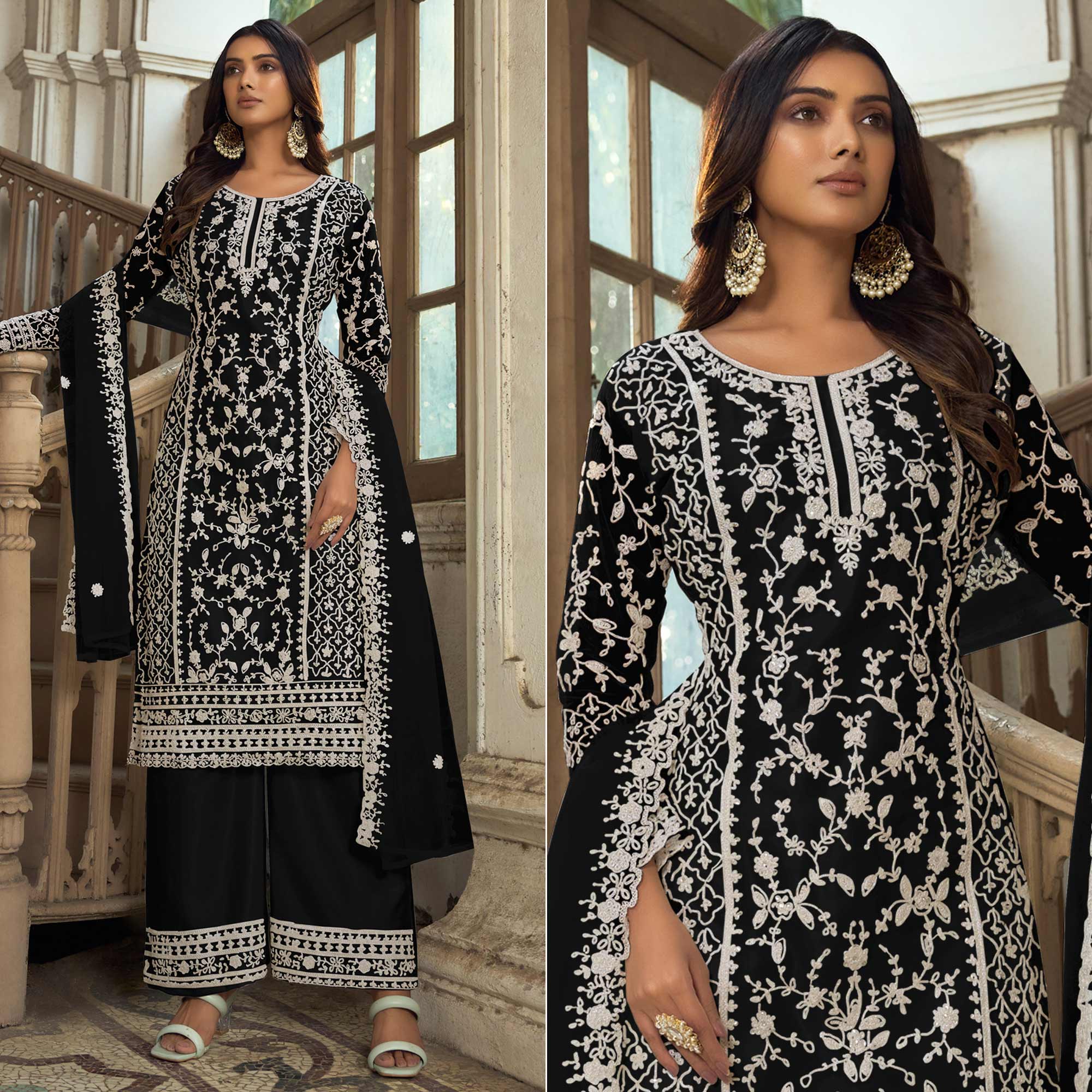 Black Floral Embroidered Net Semi Stitched Suit