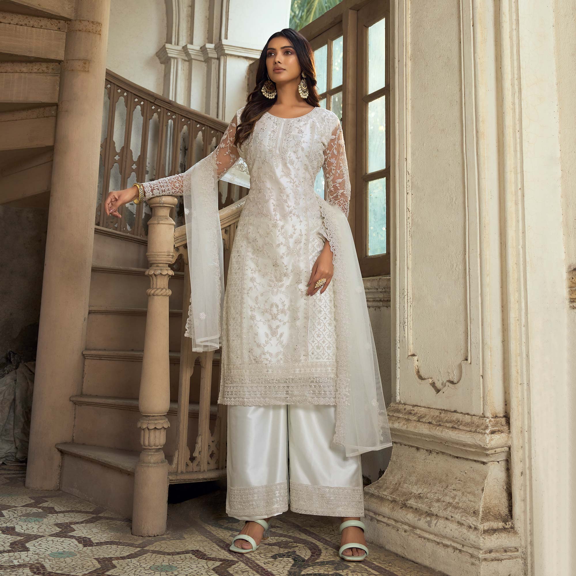 White Floral Embroidered Net Semi Stitched Pakistani Suit