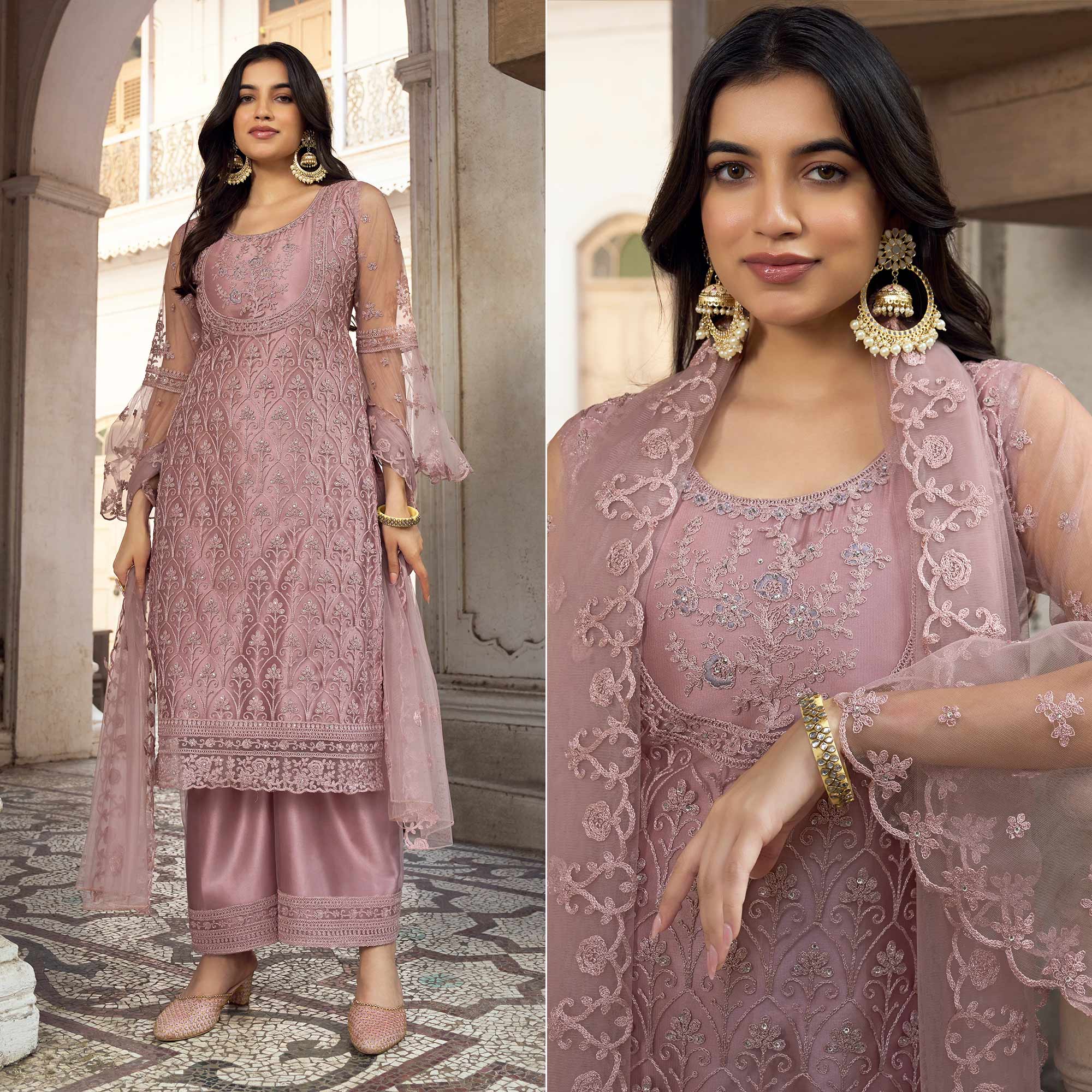 Mauve Floral Embroidered Net Semi Stitched Pakistani Suit