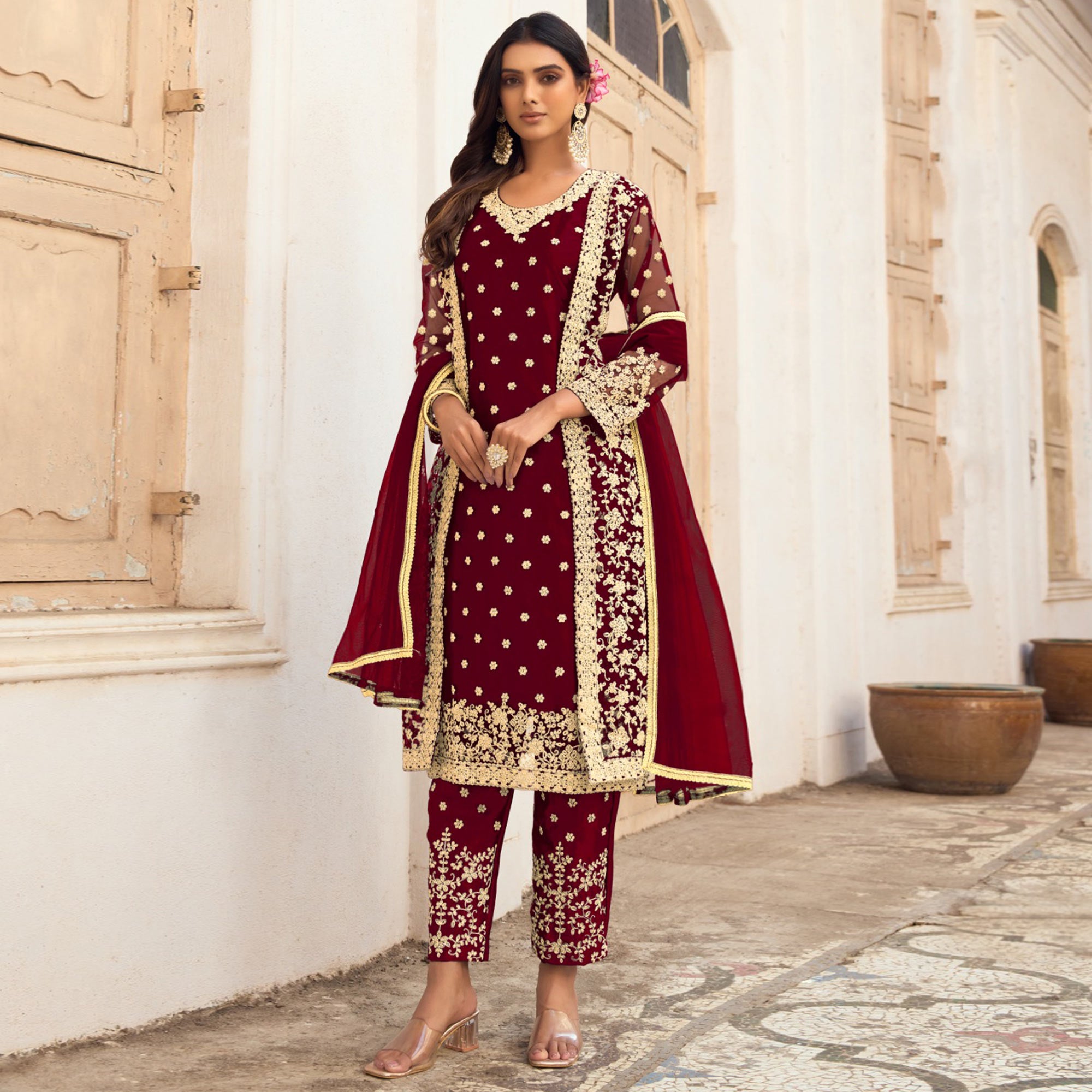 Maroon Floral Embroidered Net Semi Stitched Pakistani Suit