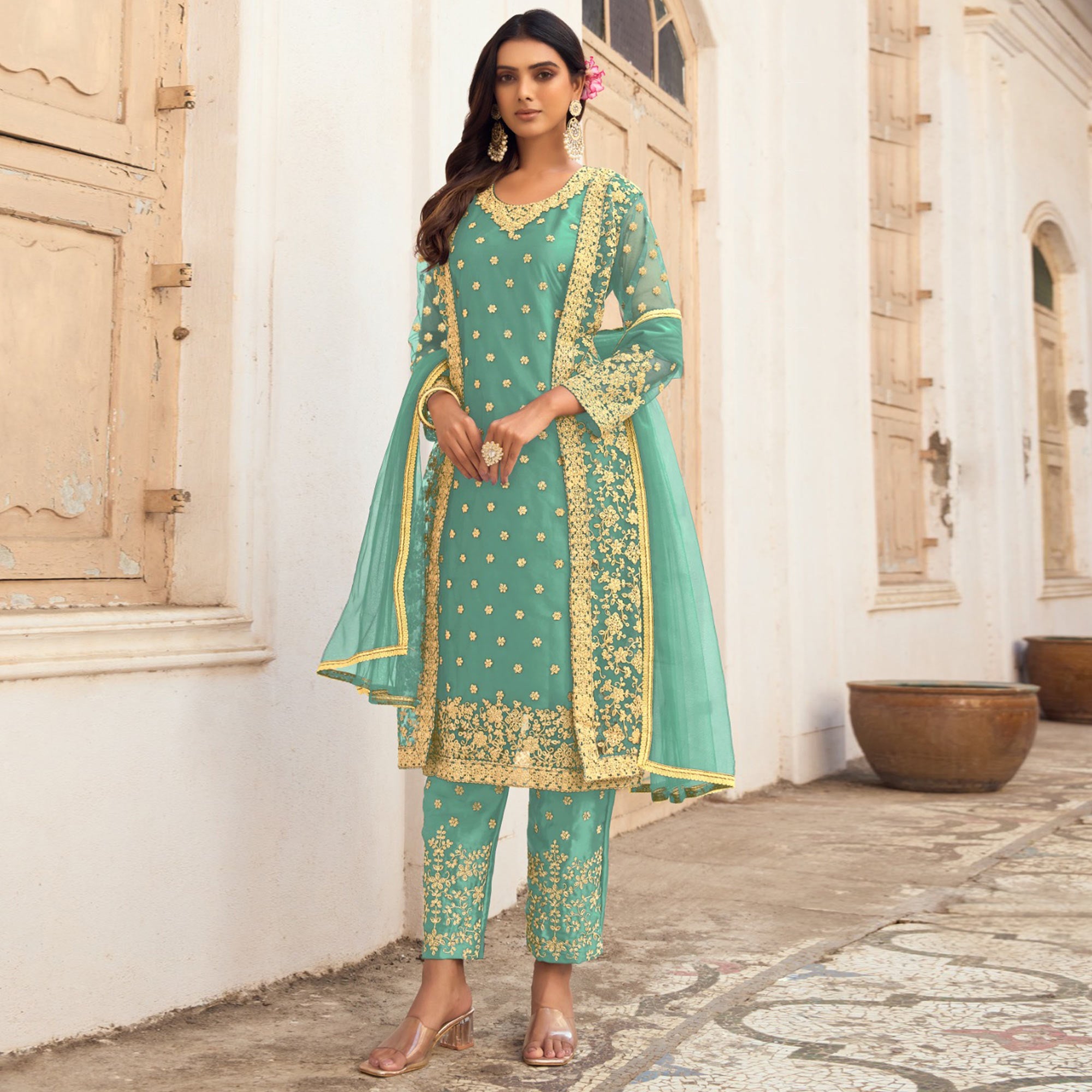 Sea Green Floral Embroidered Net Semi Stitched Pakistani Suit