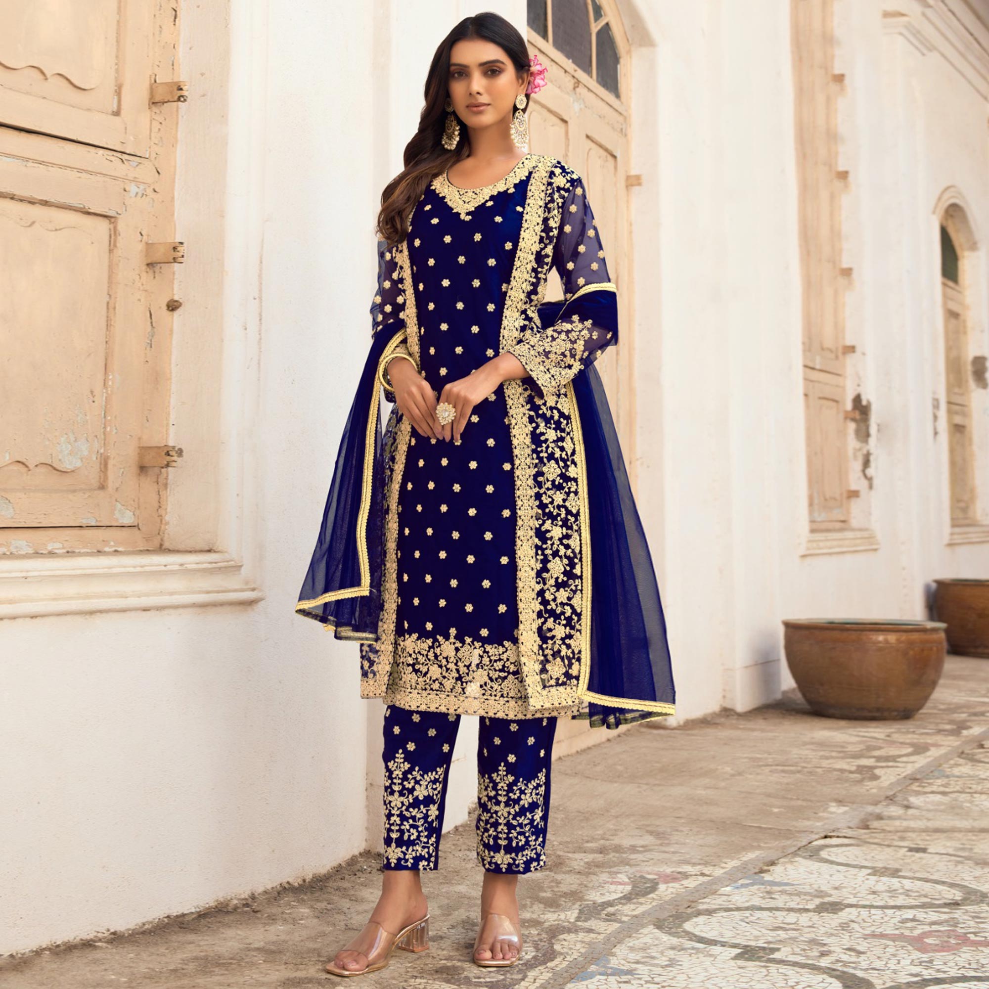 Royal Blue Floral Embroidered Net Semi Stitched Pakistani Suit