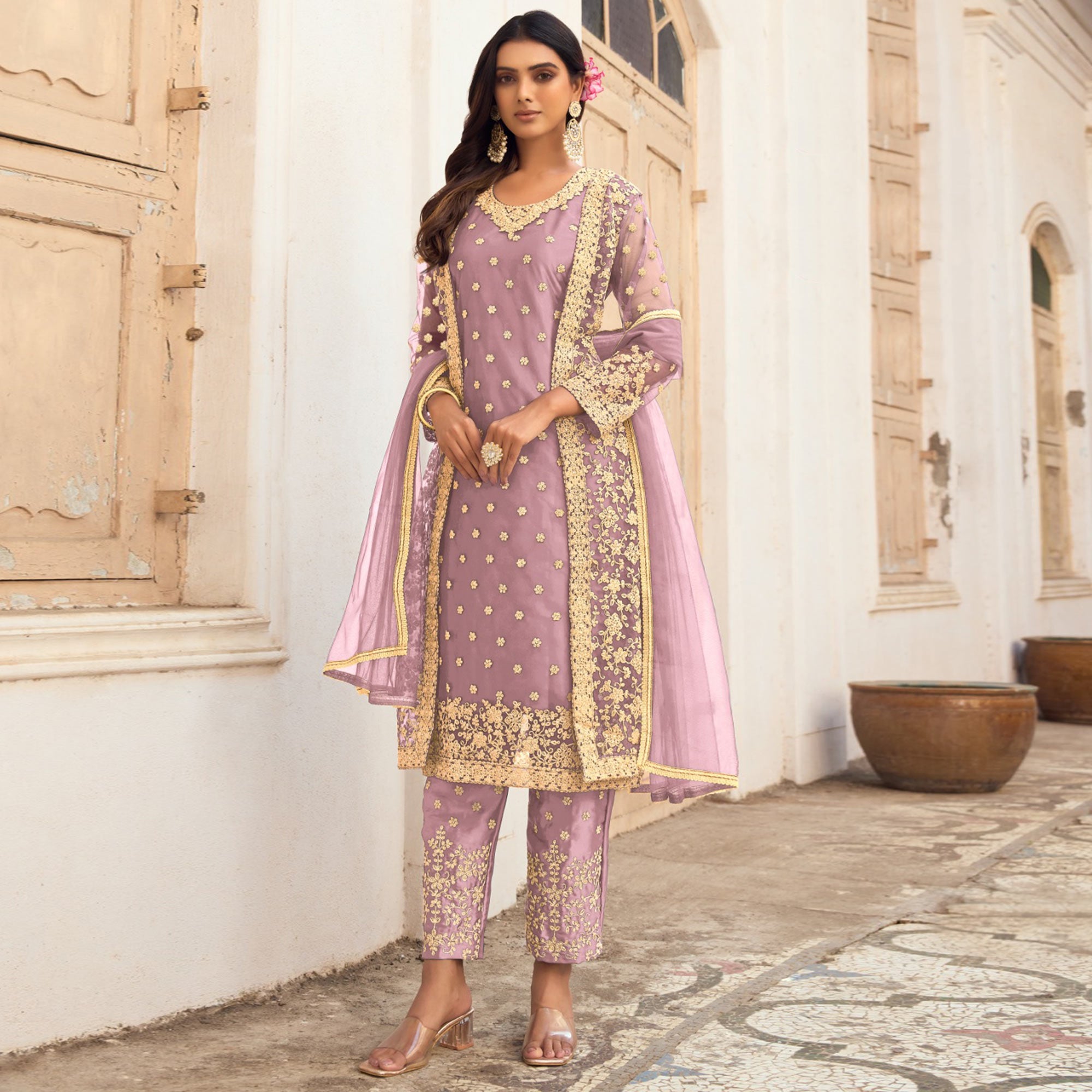 Light Pink Floral Embroidered Net Semi Stitched Pakistani Suit