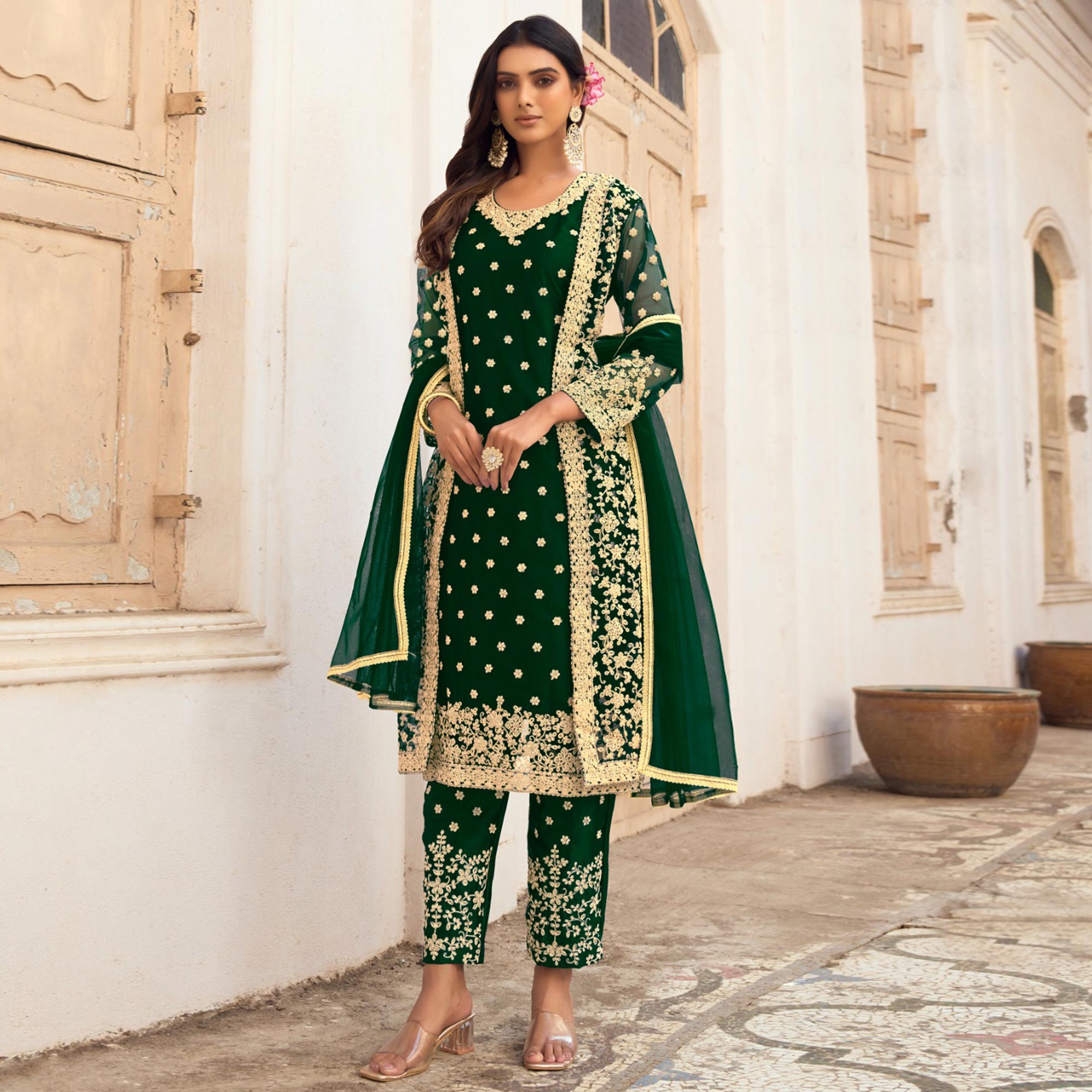 Green Floral Embroidered Net Pakistani Suit