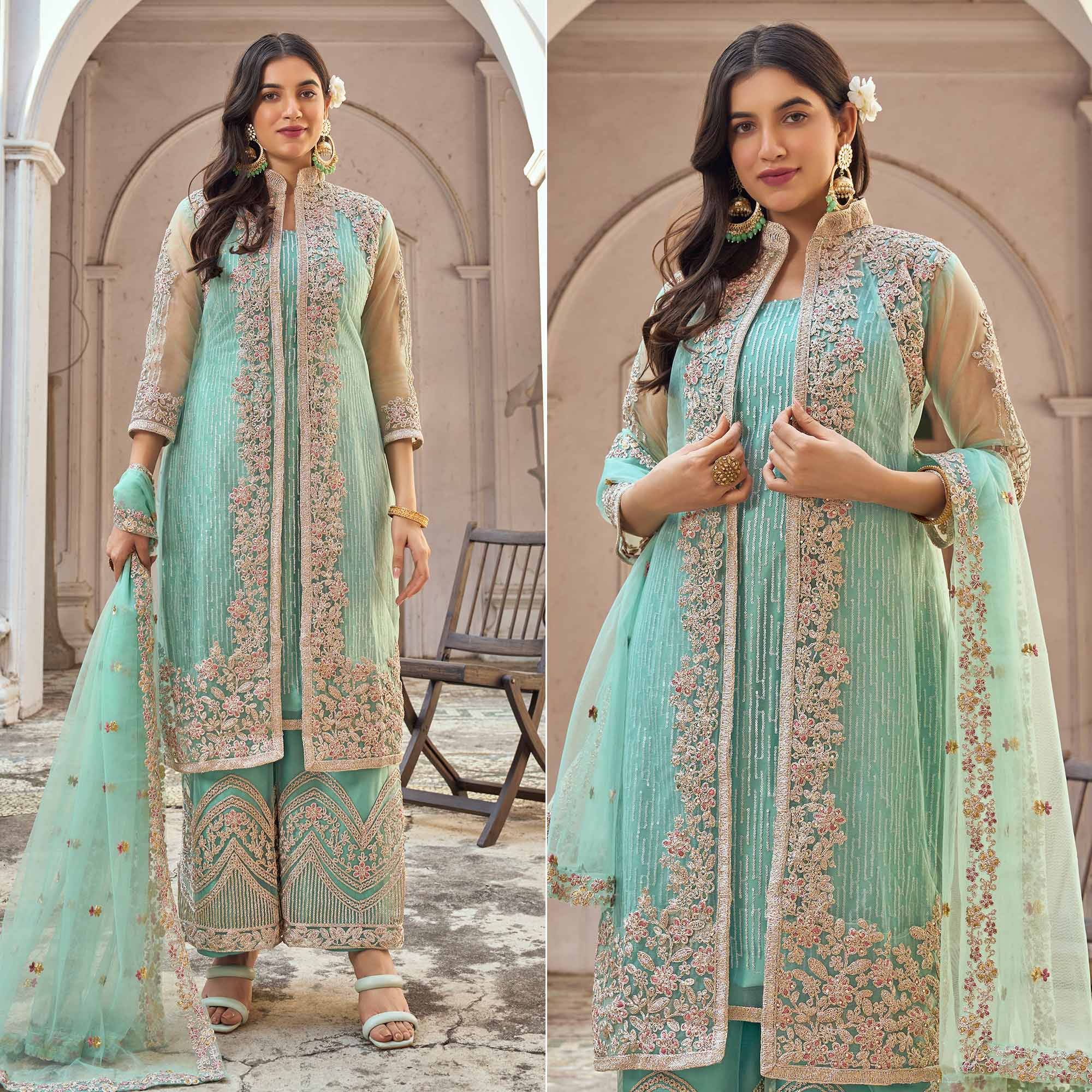 Turquoise Floral Embroidered Net Semi Stitched Suit