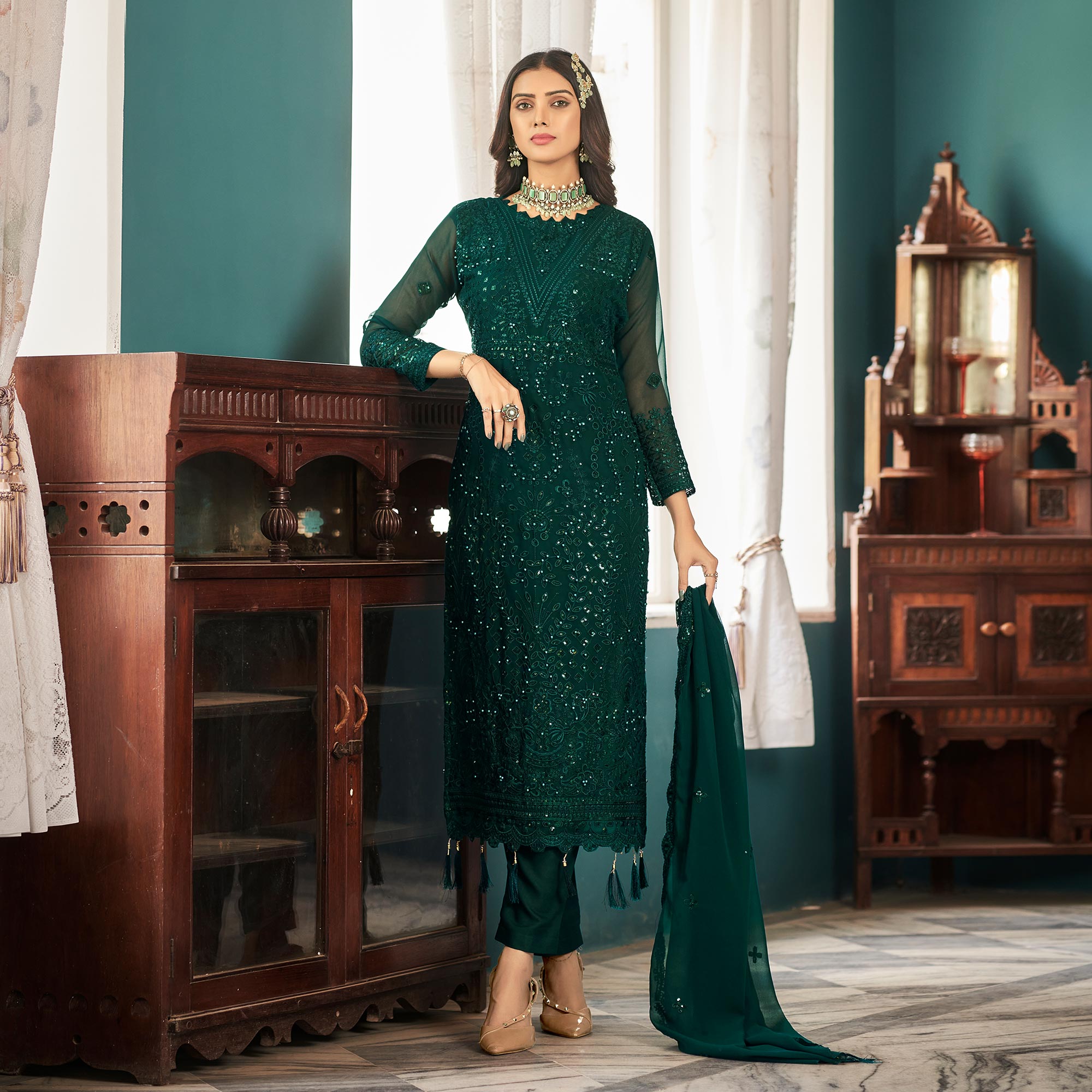 Green Floral Sequins Embroidered Georgette Pakistani Suit