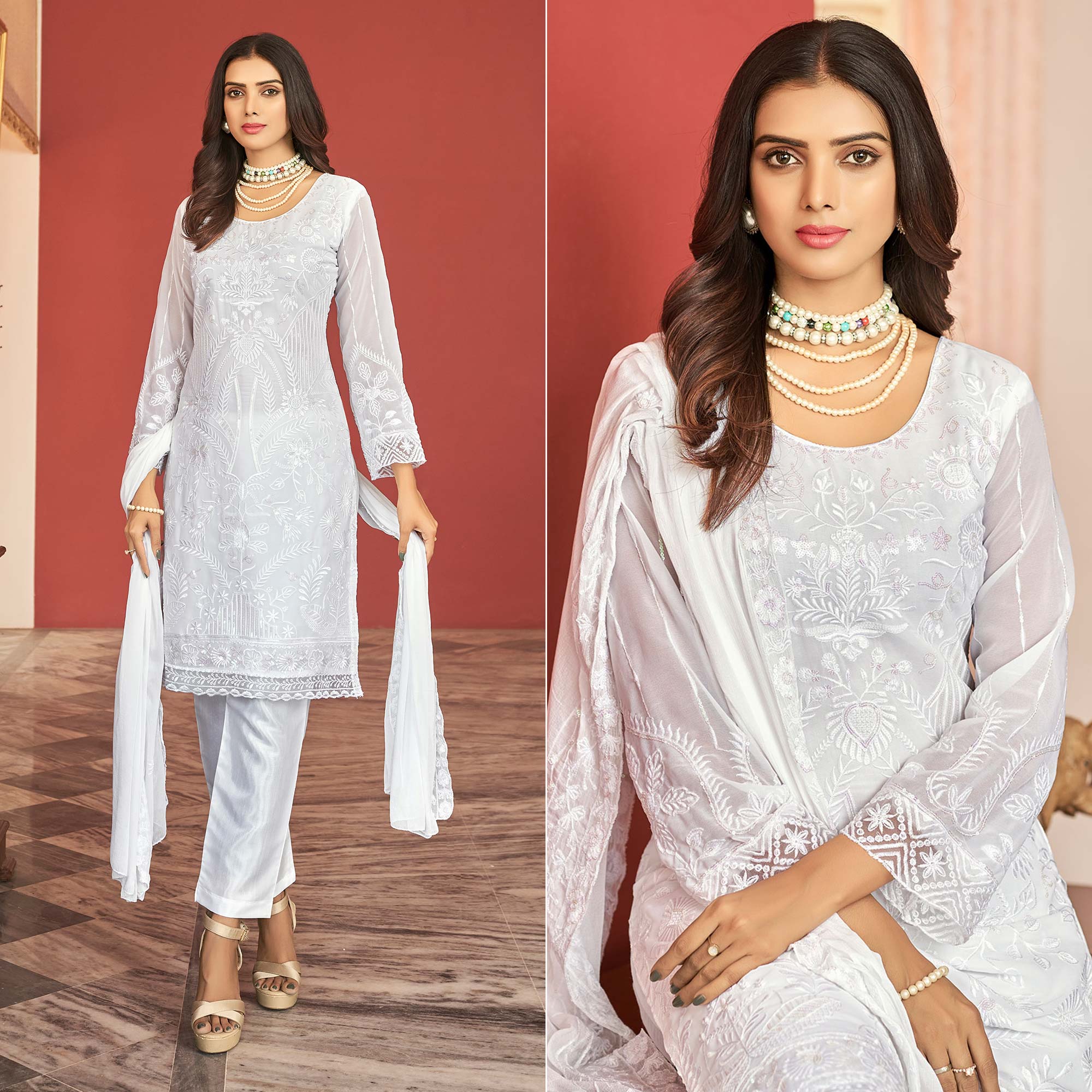 White Floral Sequins Embroidered Georgette Semi Stitched Pakistani Suit