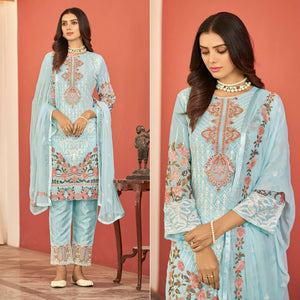 Blue Floral Sequins Embroidered Georgette Semi Stitched Pakistani Suit