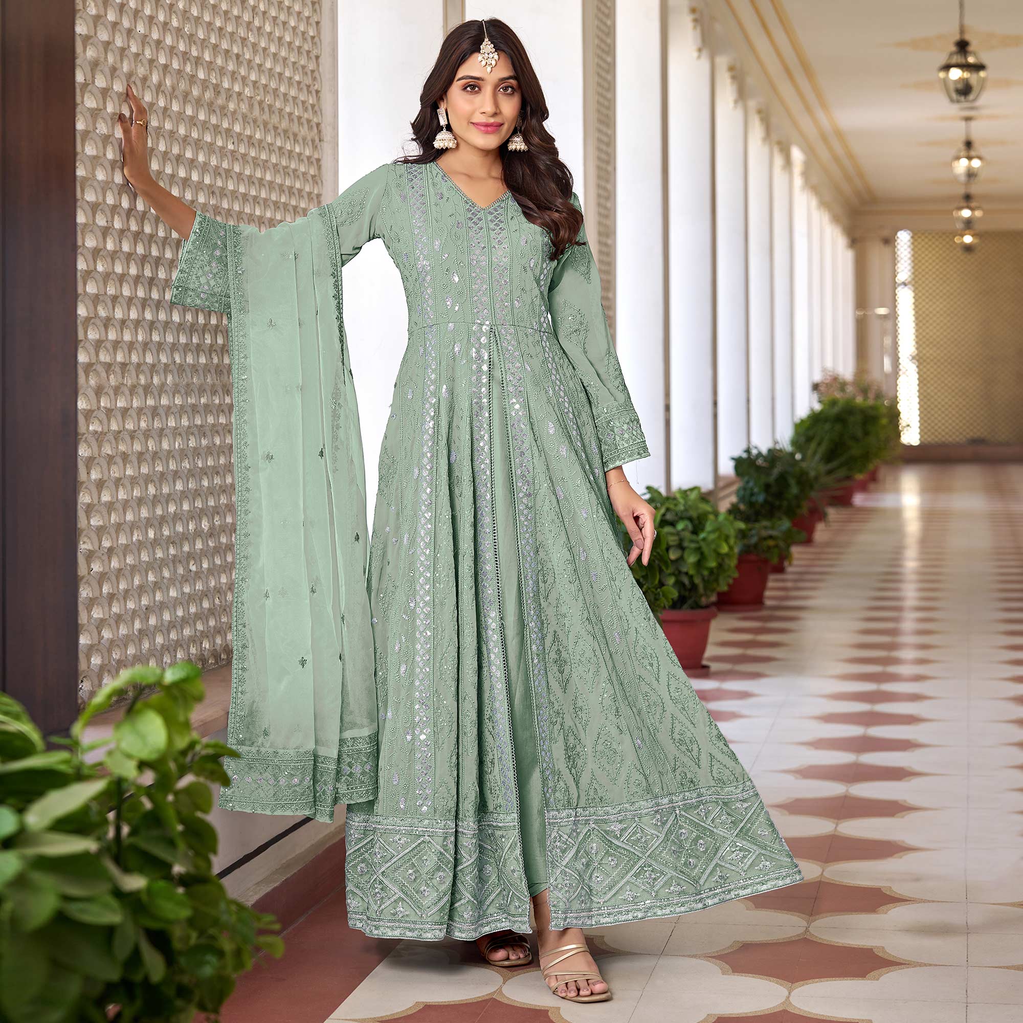 Mint Green Floral Sequins Embroidered Georgette Semi Stiched Suit