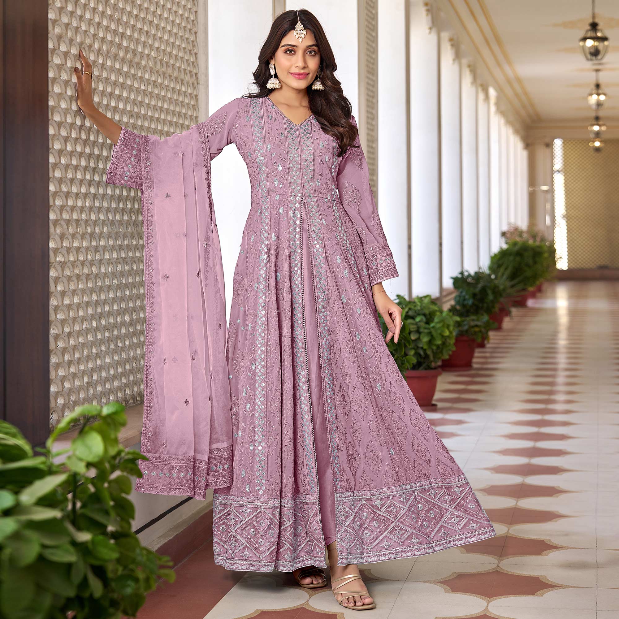 Pink Floral Sequins Embroidered Georgette Semi Stiched Suit