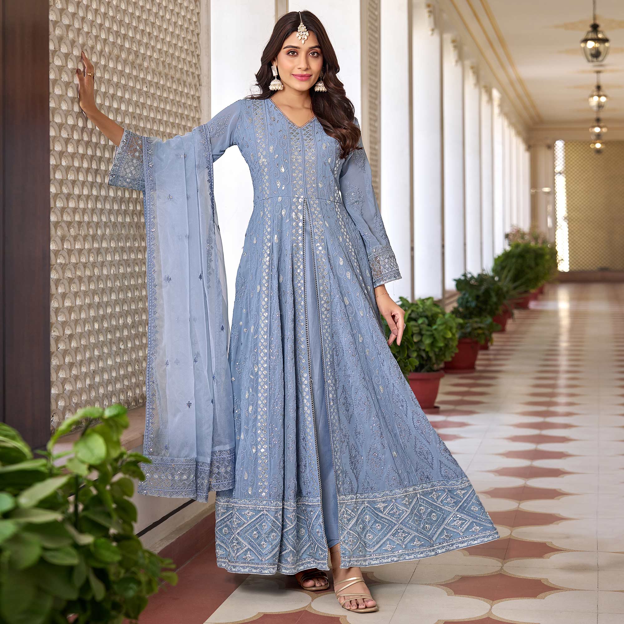 Blue Floral Sequins Embroidered Georgette Semi Stiched Suit