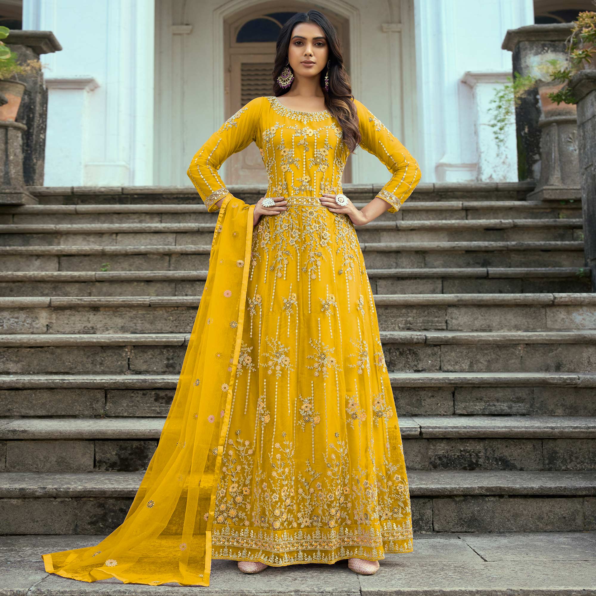 Yellow Floral Sequins Embroidered Net Anarkali Suit