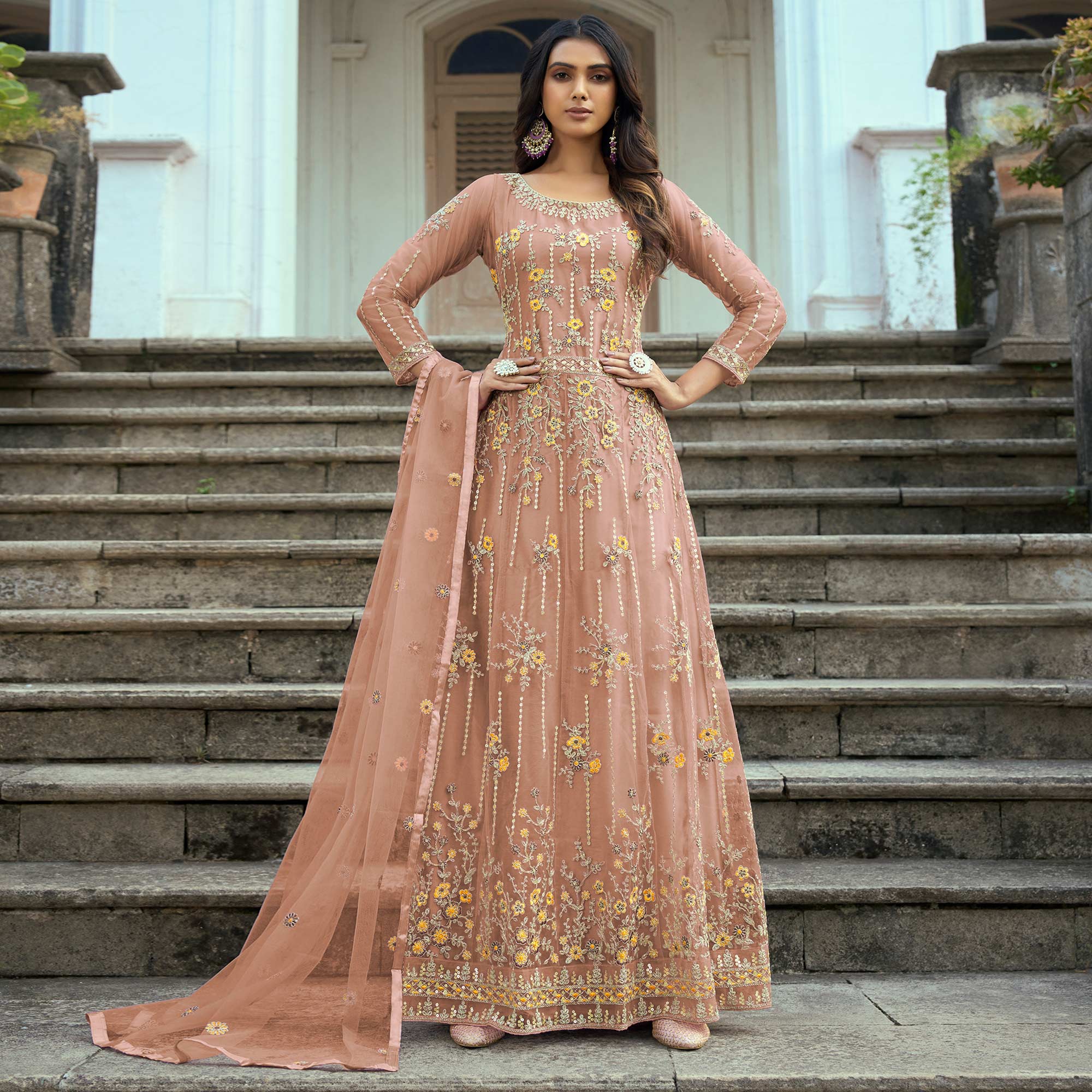 Peach Floral Sequins Embroidered Net Semi Stitched Anarkali Suit