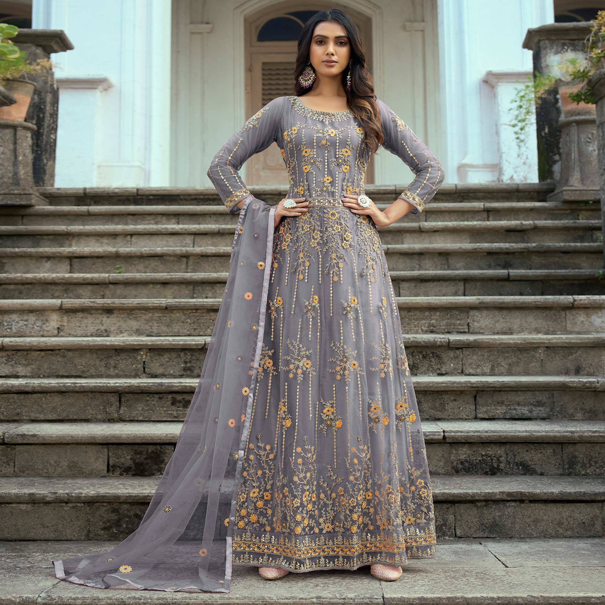 Grey Floral Sequins Embroidered Net Semi Stitched Anarkali Suit