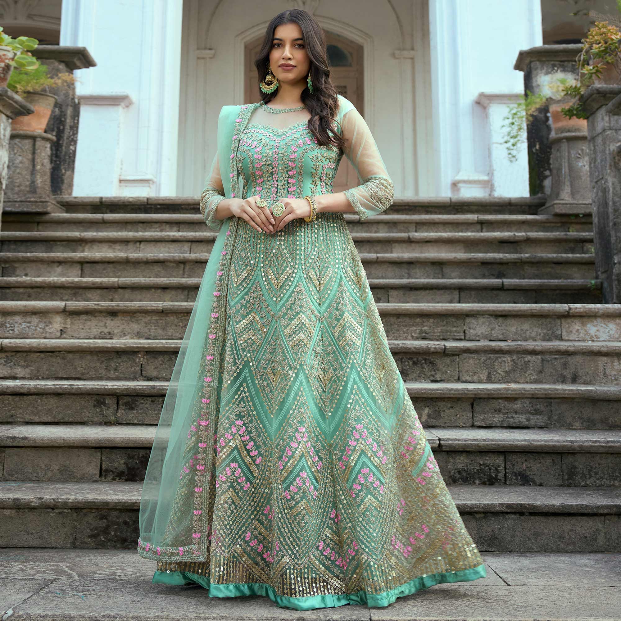 Turquoise Floral Sequins Embroidered Net Semi Stitched Anarkali Suit