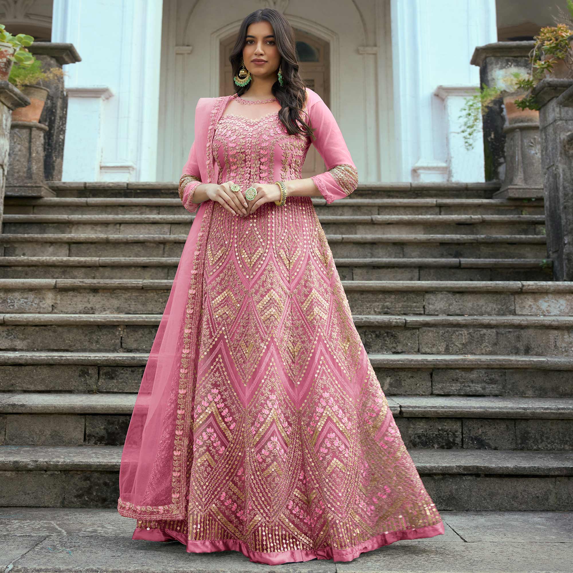 Pink Floral Sequins Embroidered Net Semi Stitched Anarkali Suit