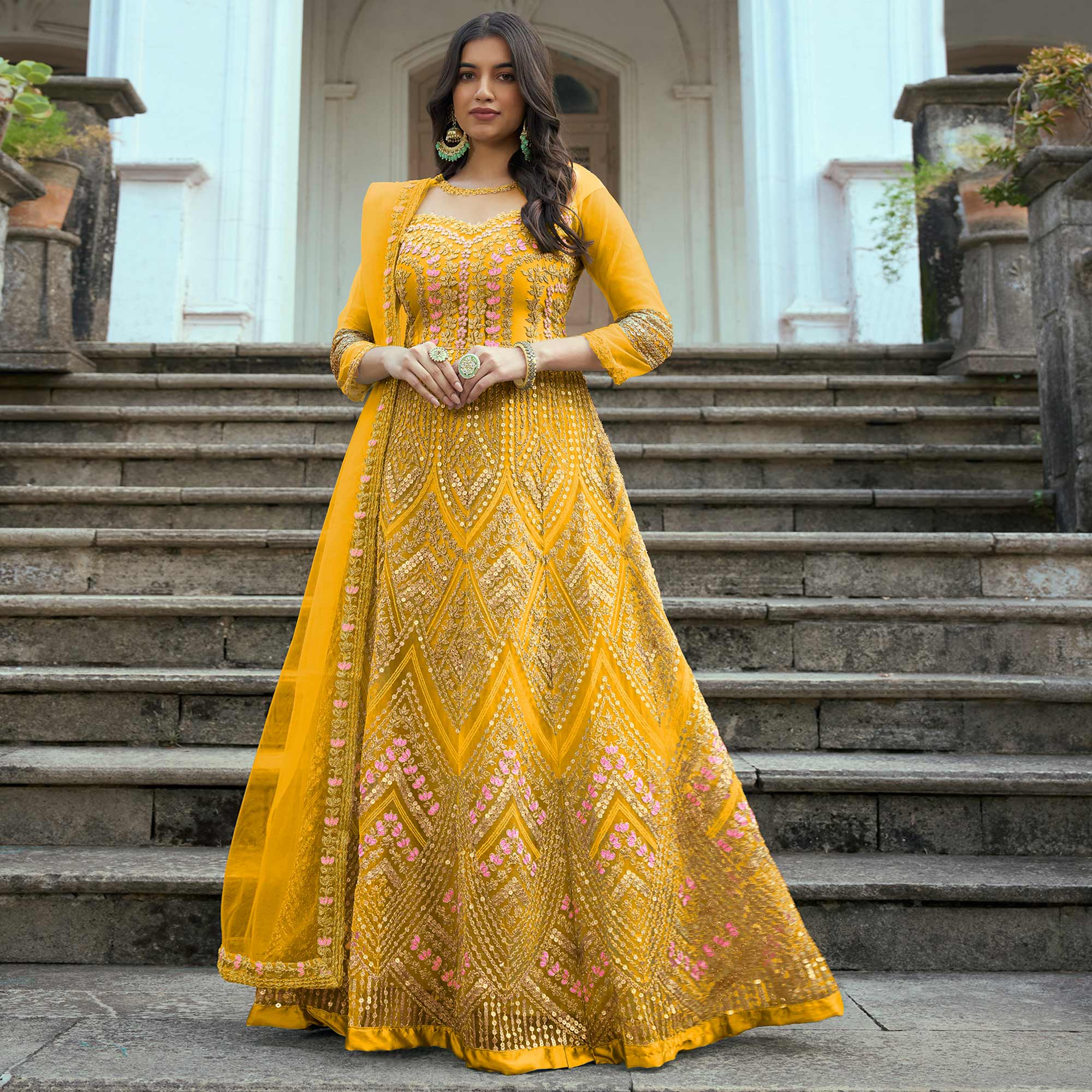 Yellow Floral Sequins Embroidered Net Semi Stitched Anarkali Suit