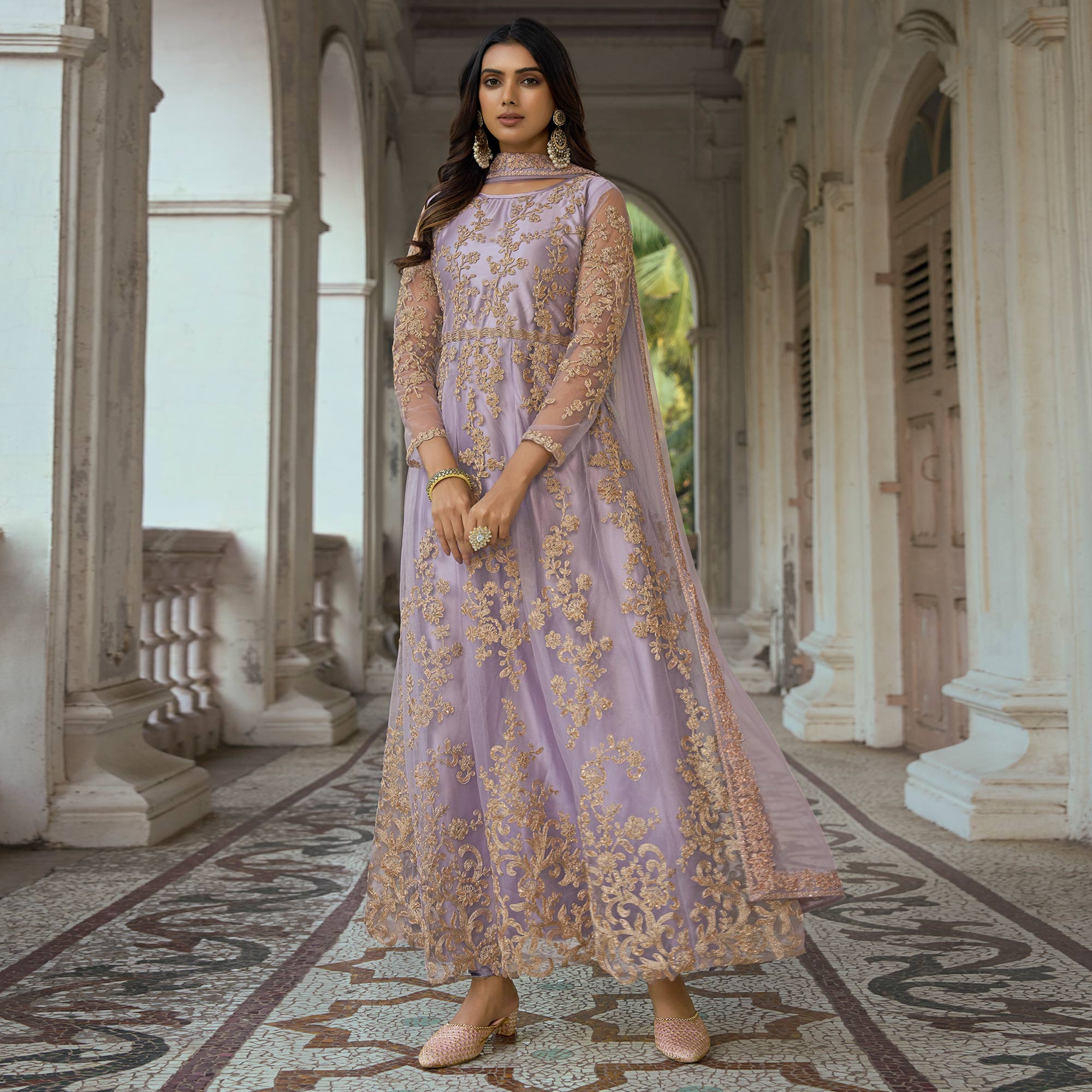 Light Purple Floral Embroidered Net Semi Stitched Anarkali Suit