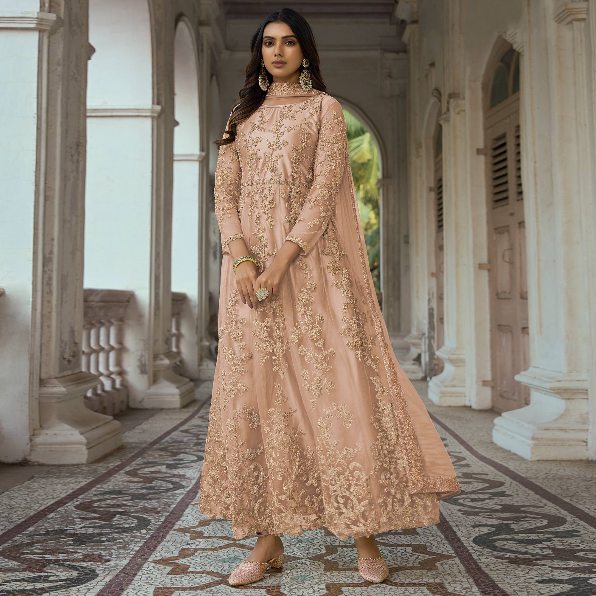 Peach Floral Embroidered Net Semi Stitched Anarkali Suit