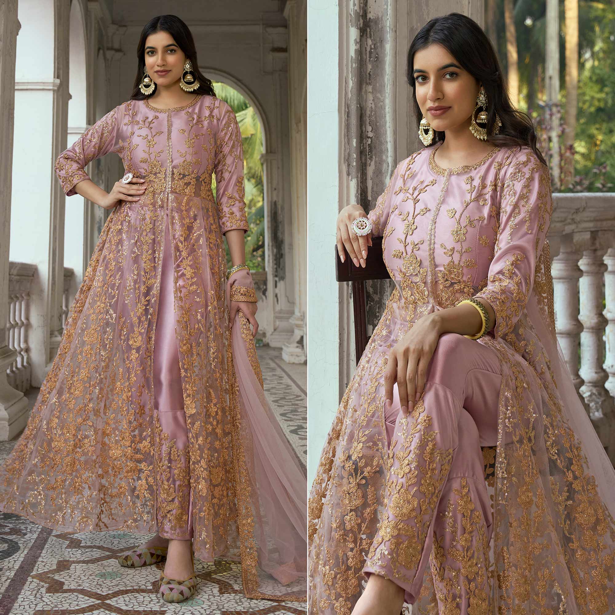 Mauve Floral Sequins Embroidered Net Semi Stiched Suit