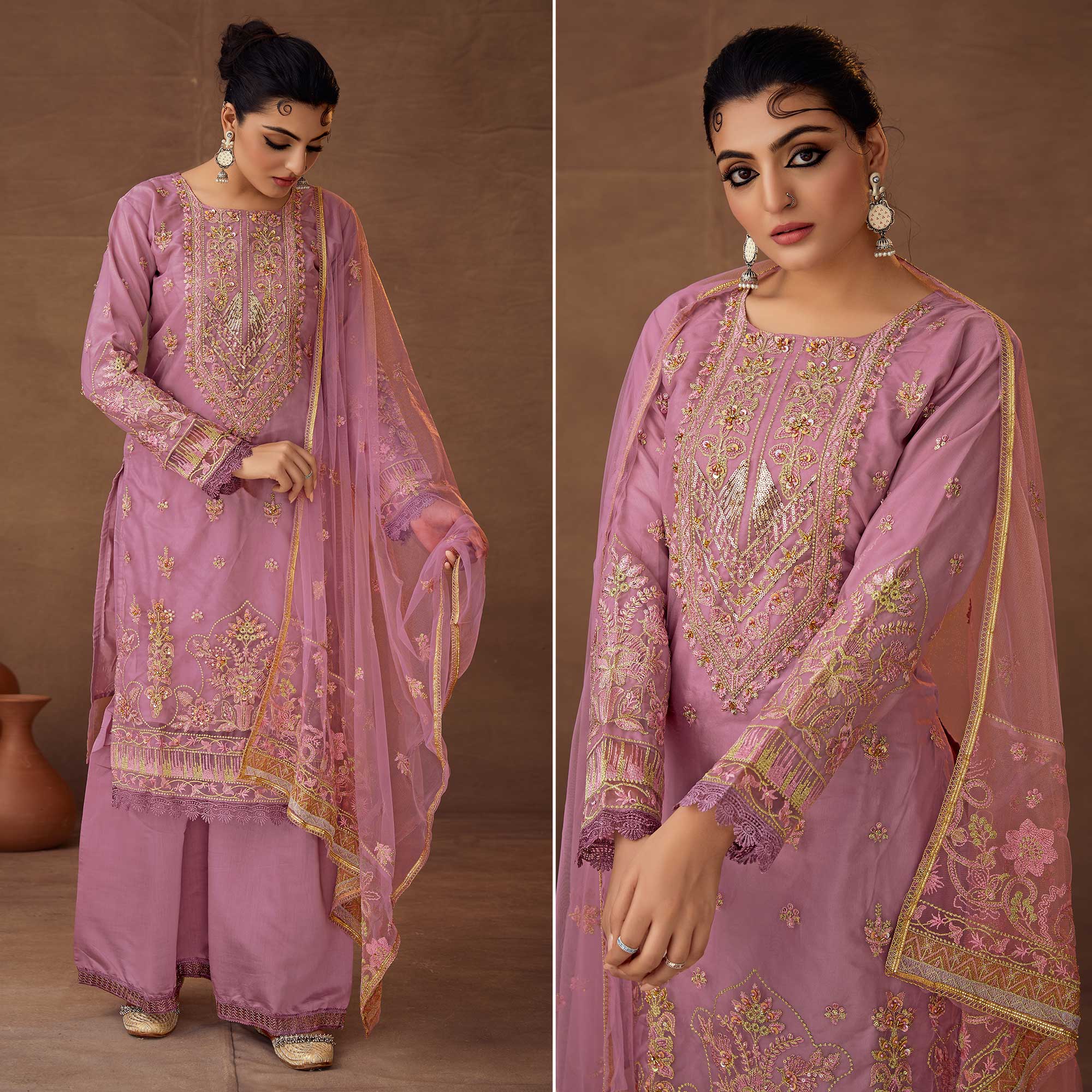 Pink Floral Embroidered Organza Semi Stitched Pakistani Suit