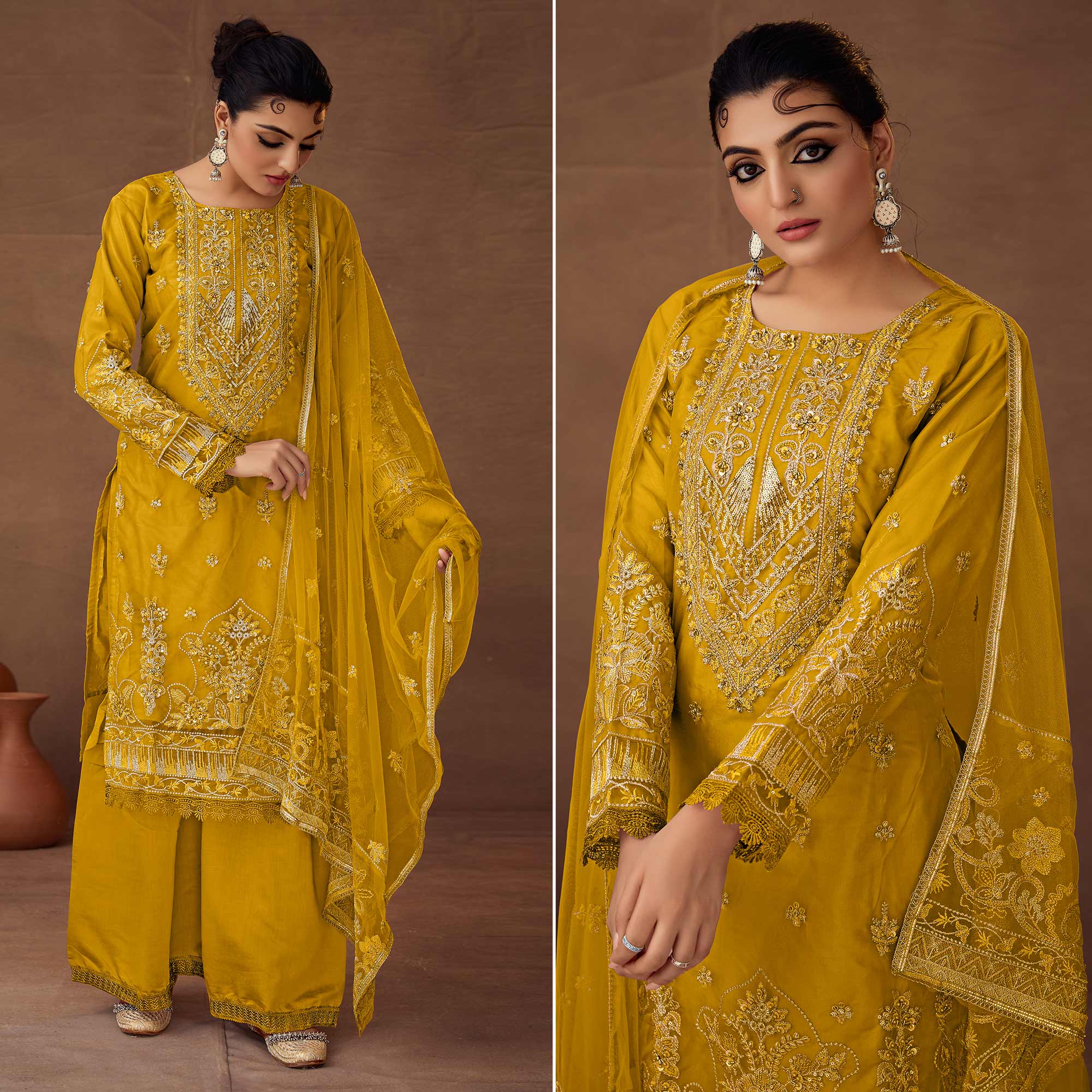 Mustard Floral Embroidered Organza Semi Stitched Pakistani Suit