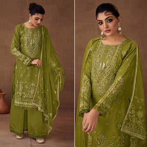 Green Floral Embroidered Organza Semi Stitched Pakistani Suit