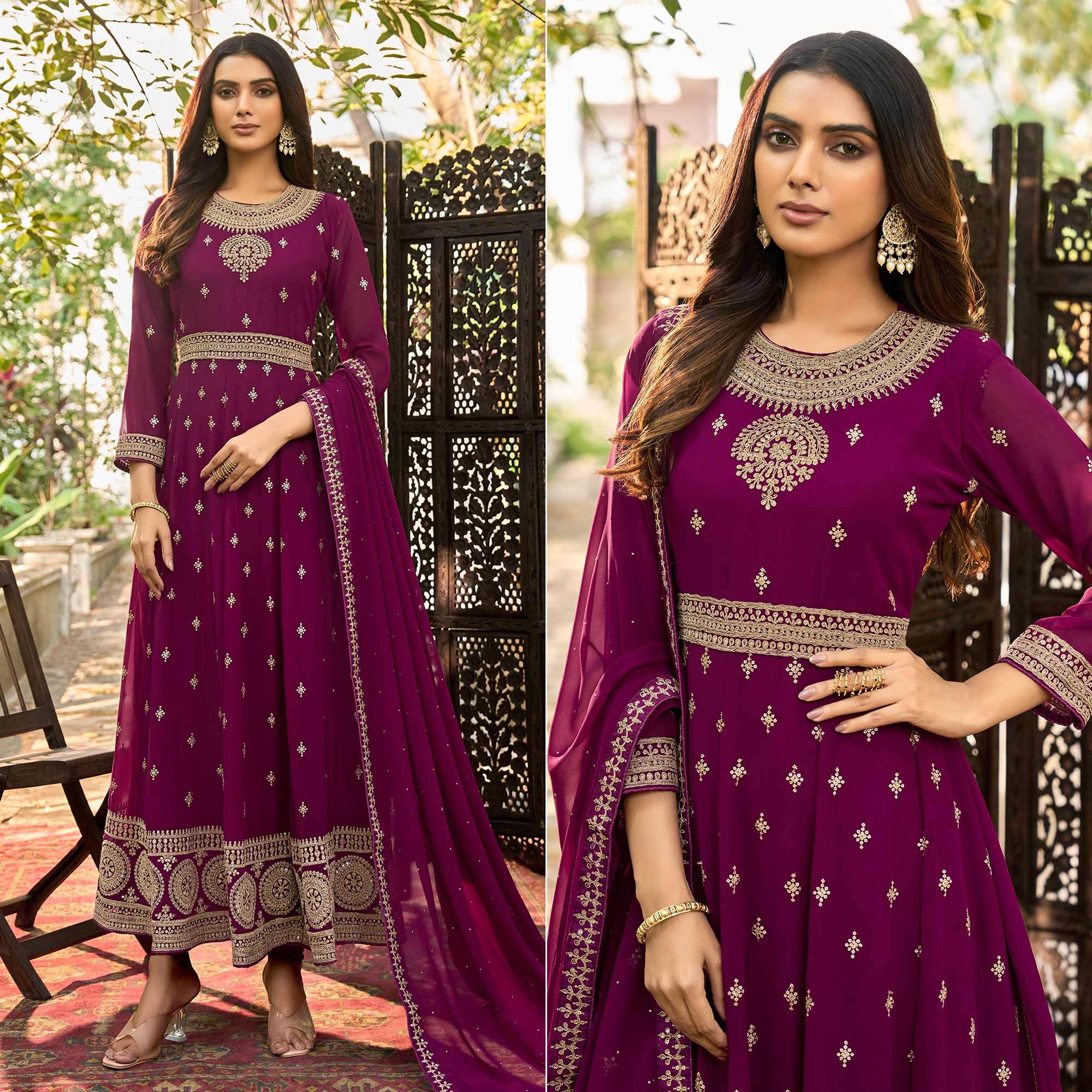 Purple Floral Sequins Embroidered Georgette Semi Stitched Anarkali Suit