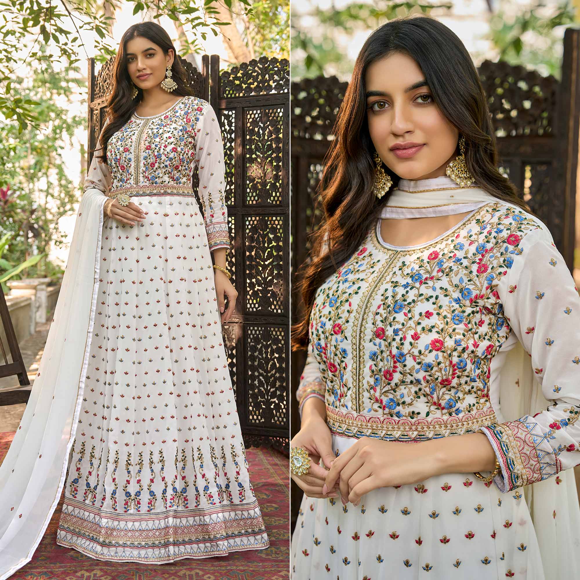 White Floral Sequins Embroidered Georgette Semi Stitched Anarkali Suit