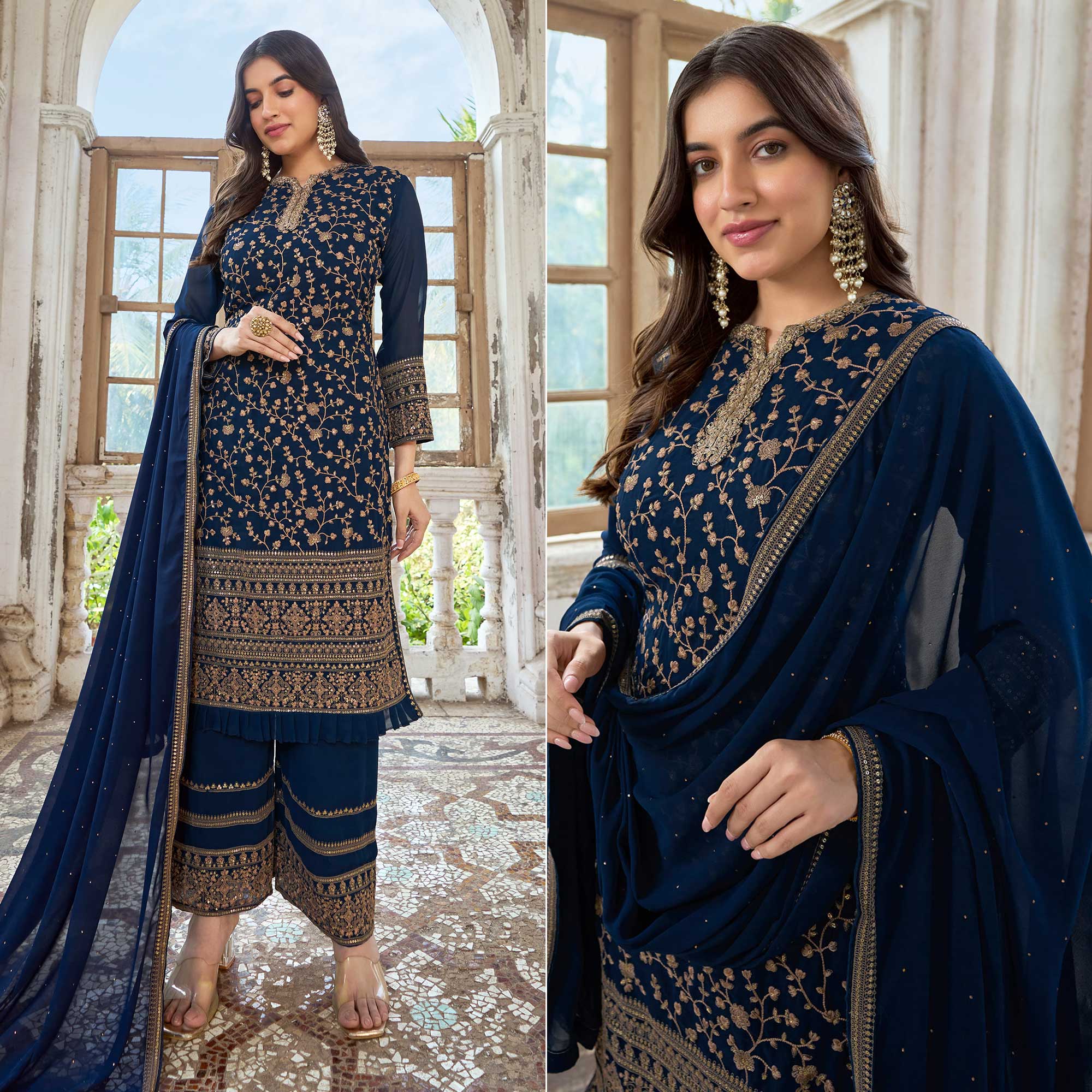 Blue Floral Embroidered Georgette Semi Stitched Suit