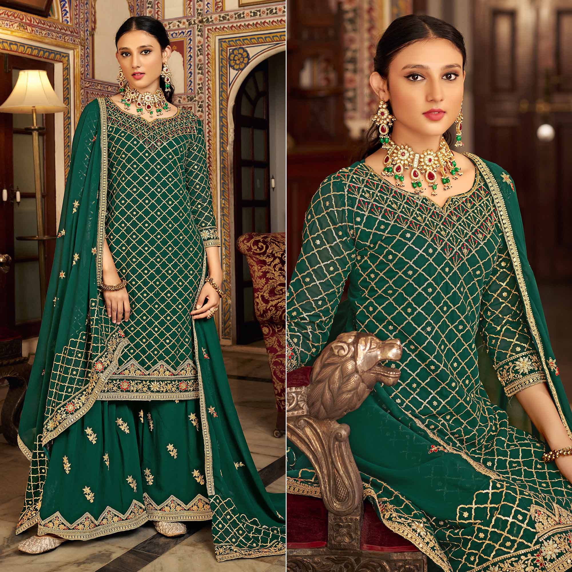 Green Sequins Embroidered Chinon Semi Stitched Suit