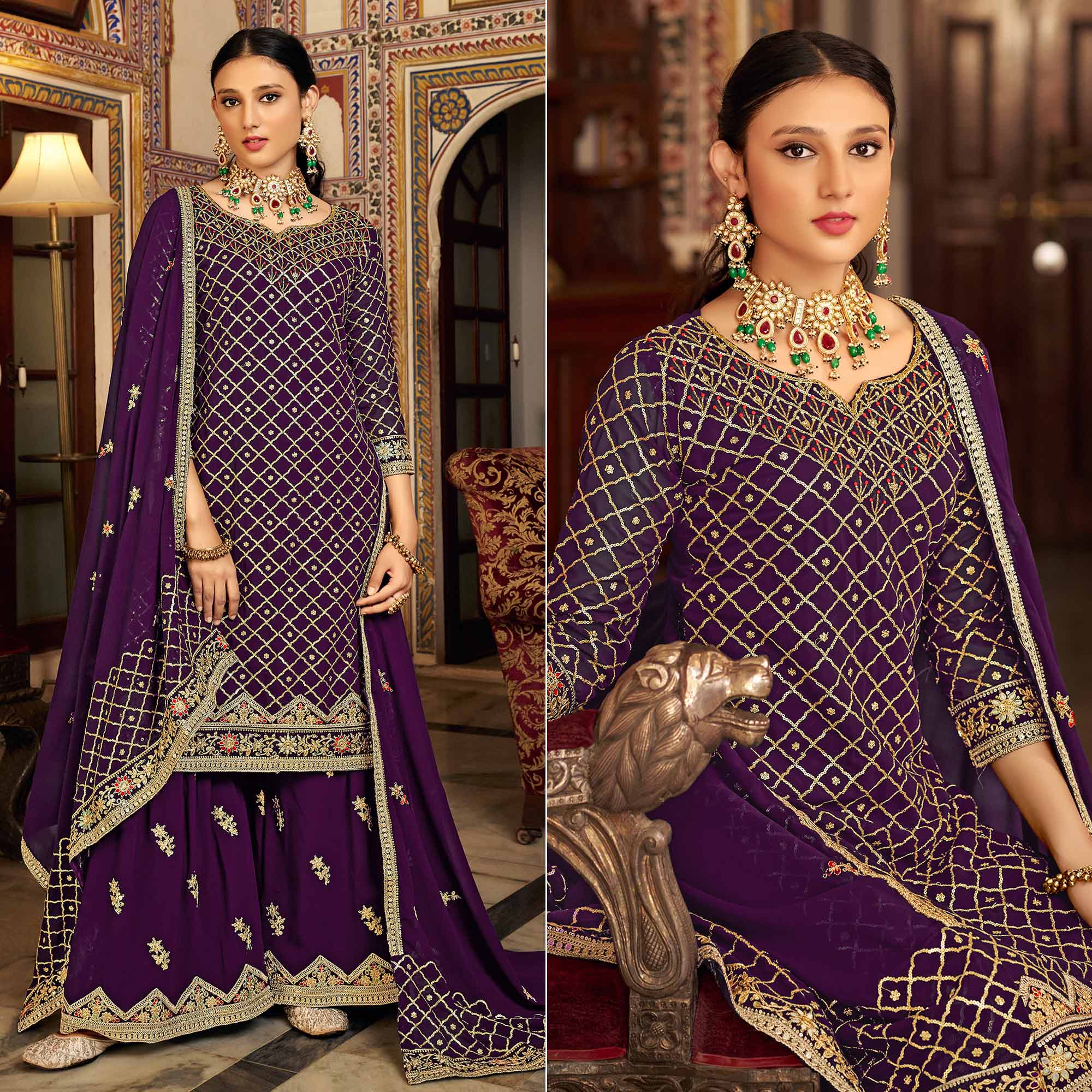 Purple Sequins Embroidered Chinon Semi Stitched Suit