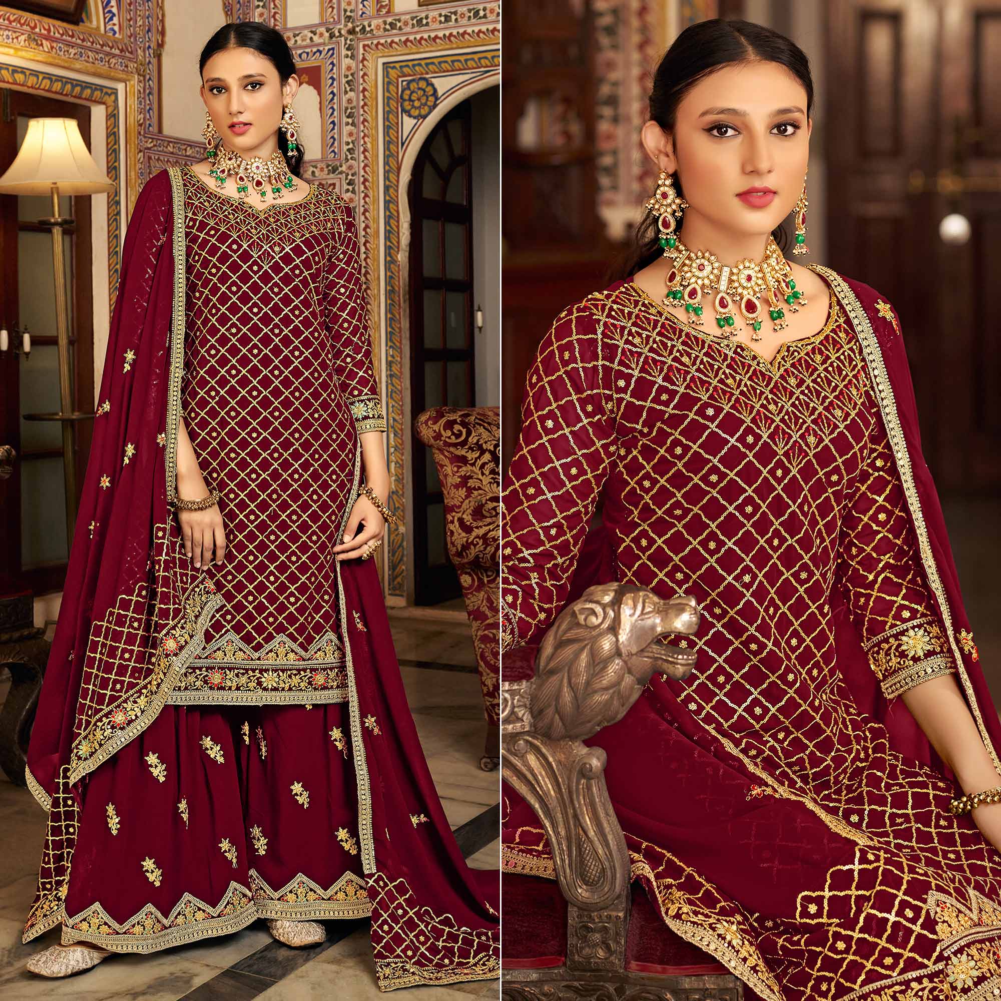 Maroon Sequins Embroidered Chinon Semi Stitched Suit