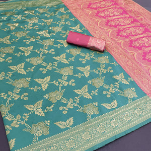Graceful Rama Blue & Pink Banarasi Silk Saree Featuring Intricate Floral Zari Weaving Work