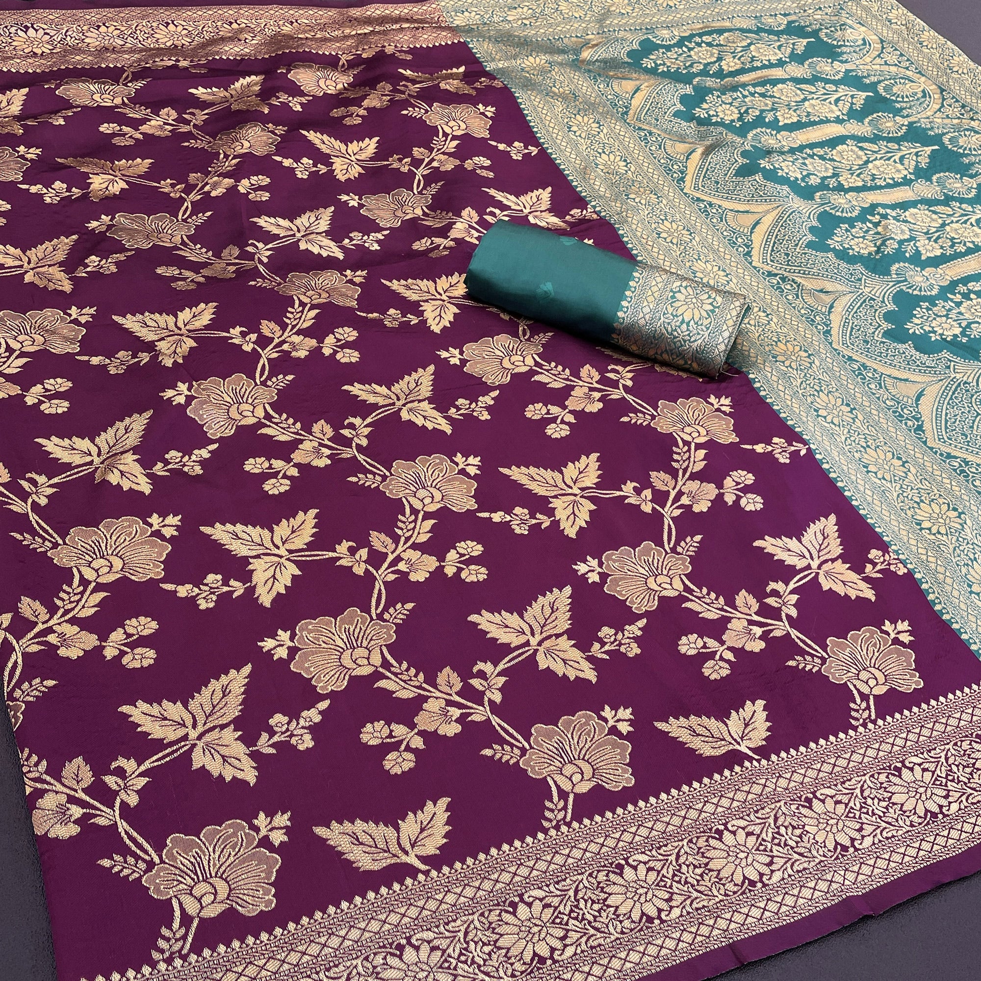 Graceful Wine & Rama Banarasi Silk Saree Featuring Intricate Floral Zari Weaving Work