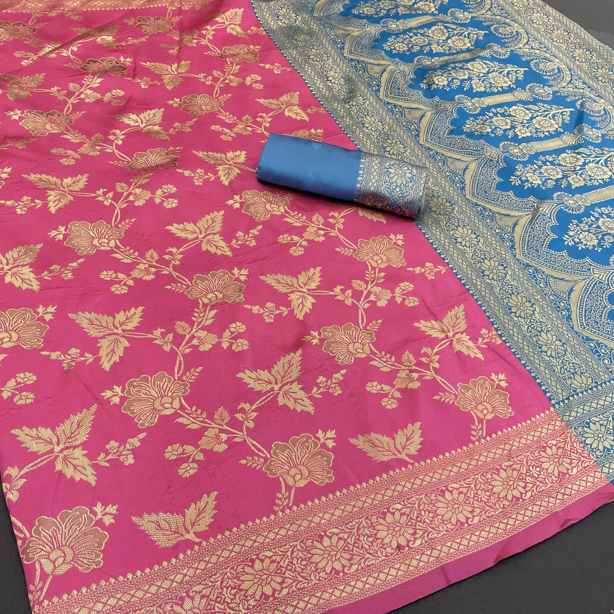 Graceful Pink & Blue Banarasi Silk Saree Featuring Intricate Floral Zari Weaving Work