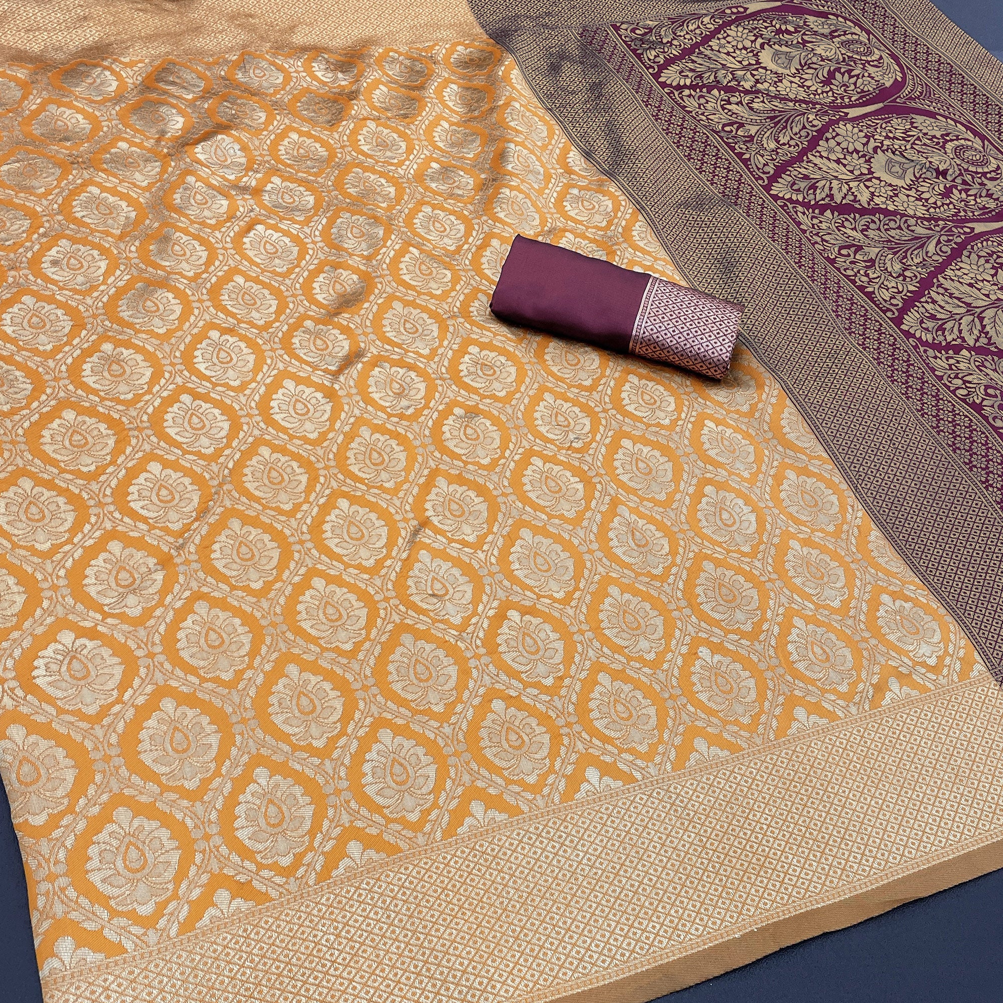 Charming Orange & Purple Banarasi Silk Saree Adorned With Floral Zari Weaving