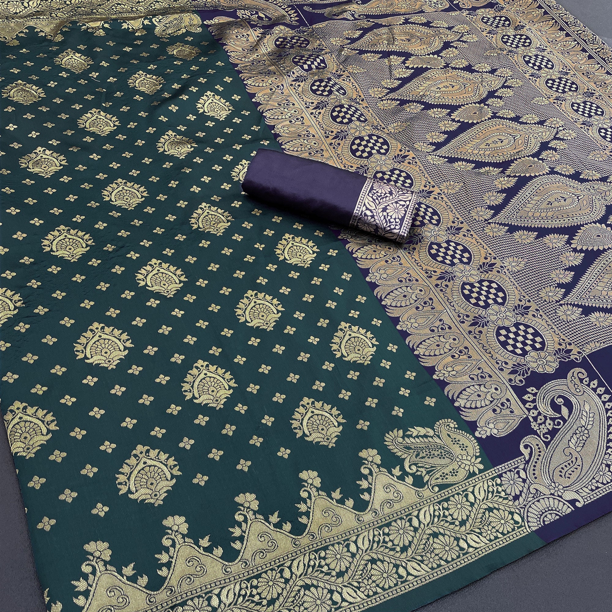Classic Dark Teal Silk Banarasi Saree Showcasing Delicate Floral Zari Weaving