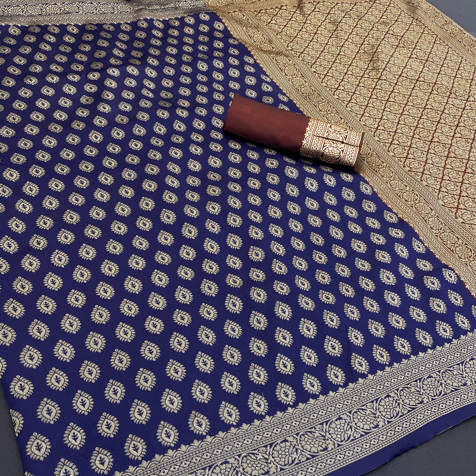 Navy Blue Floral Zari Woven Banarasi Silk Saree For Timeless Elegance