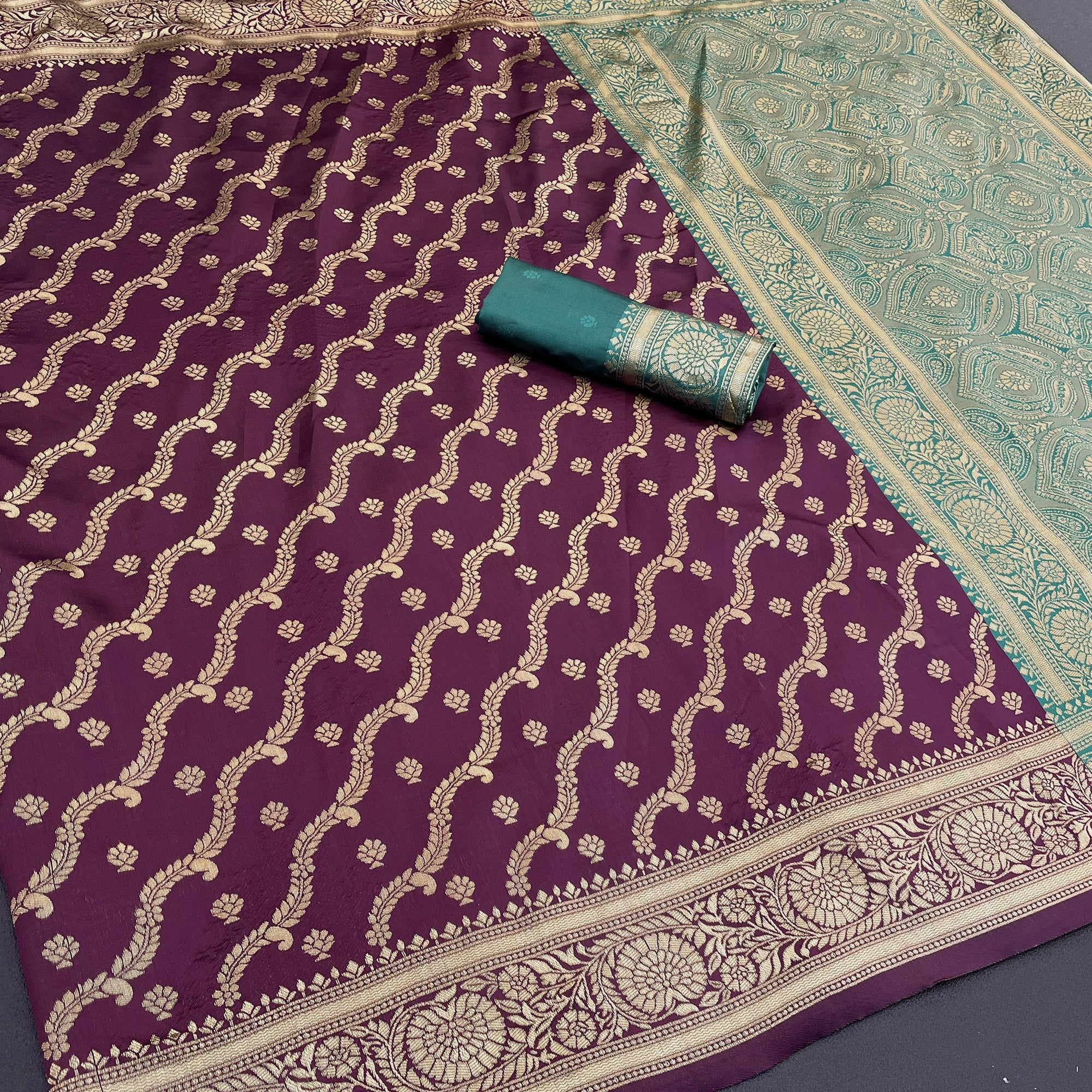 Graceful Wine Banarasi Silk Saree Featuring Intricate Floral Zari Weaving Work