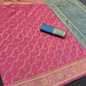 Graceful Pink Banarasi Silk Saree Featuring Intricate Floral Zari Weaving Work