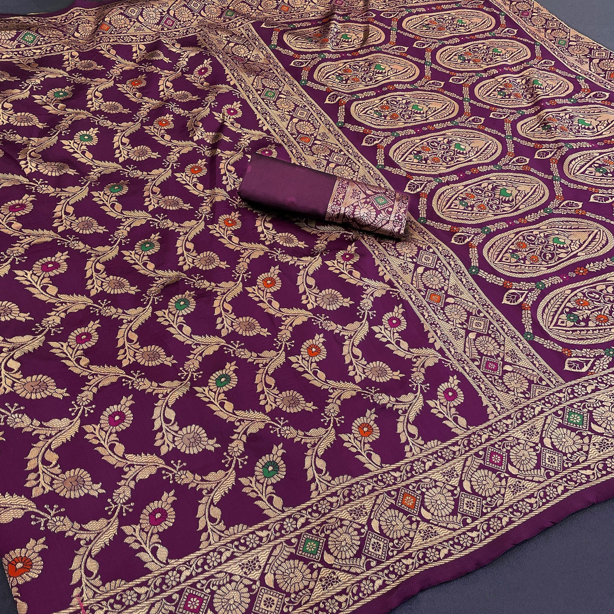 Classic Wine Silk Banarasi Saree Showcasing Delicate Floral Zari Weaving