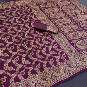Classic Wine Silk Banarasi Saree Showcasing Delicate Floral Zari Weaving