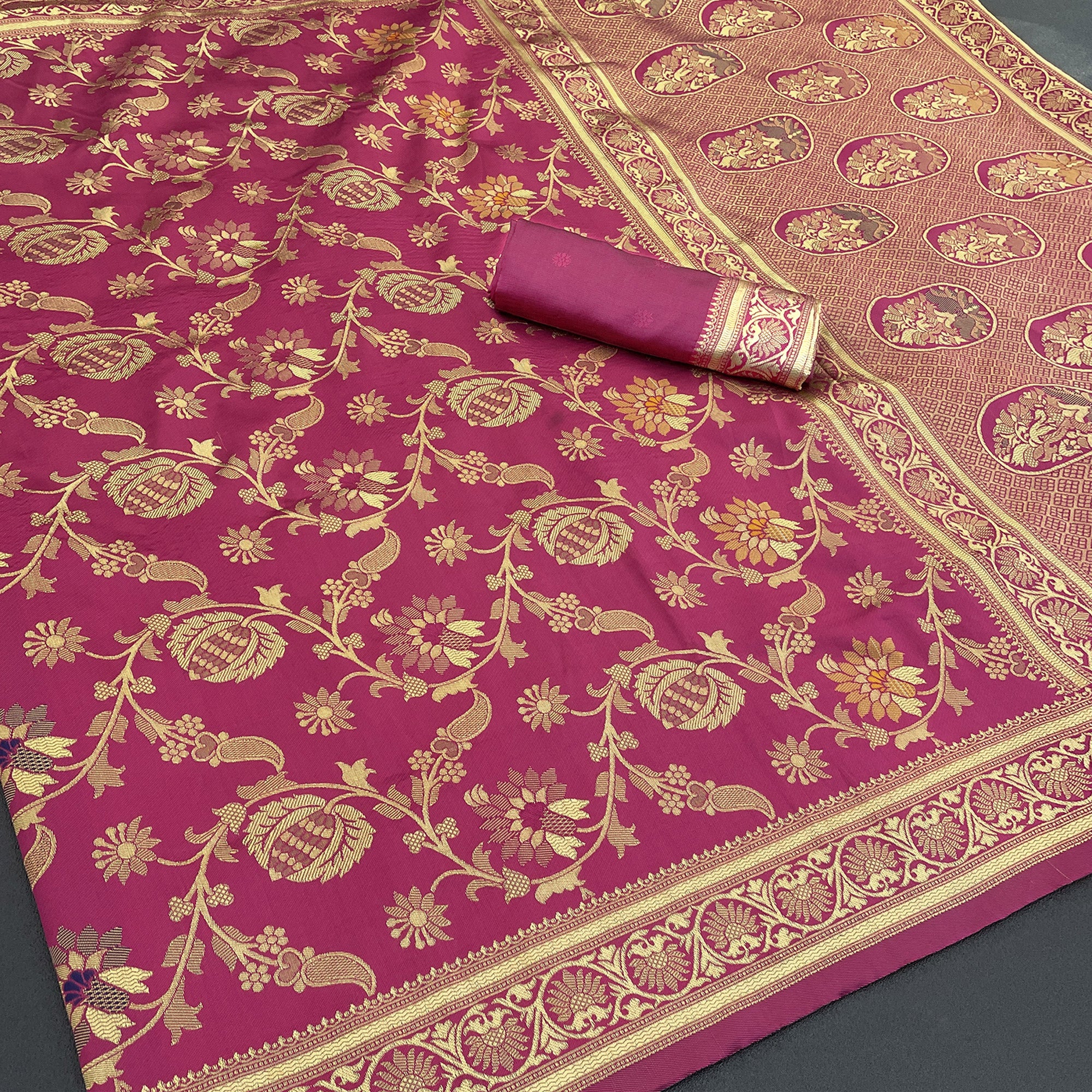 Charming Rani Pink Banarasi Silk Saree Adorned With Floral Zari Weaving