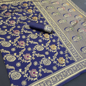 Charming Navy Blue Banarasi Silk Saree Adorned With Floral Zari Weaving