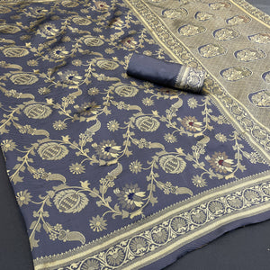 Charming Grey Banarasi Silk Saree Adorned With Floral Zari Weaving