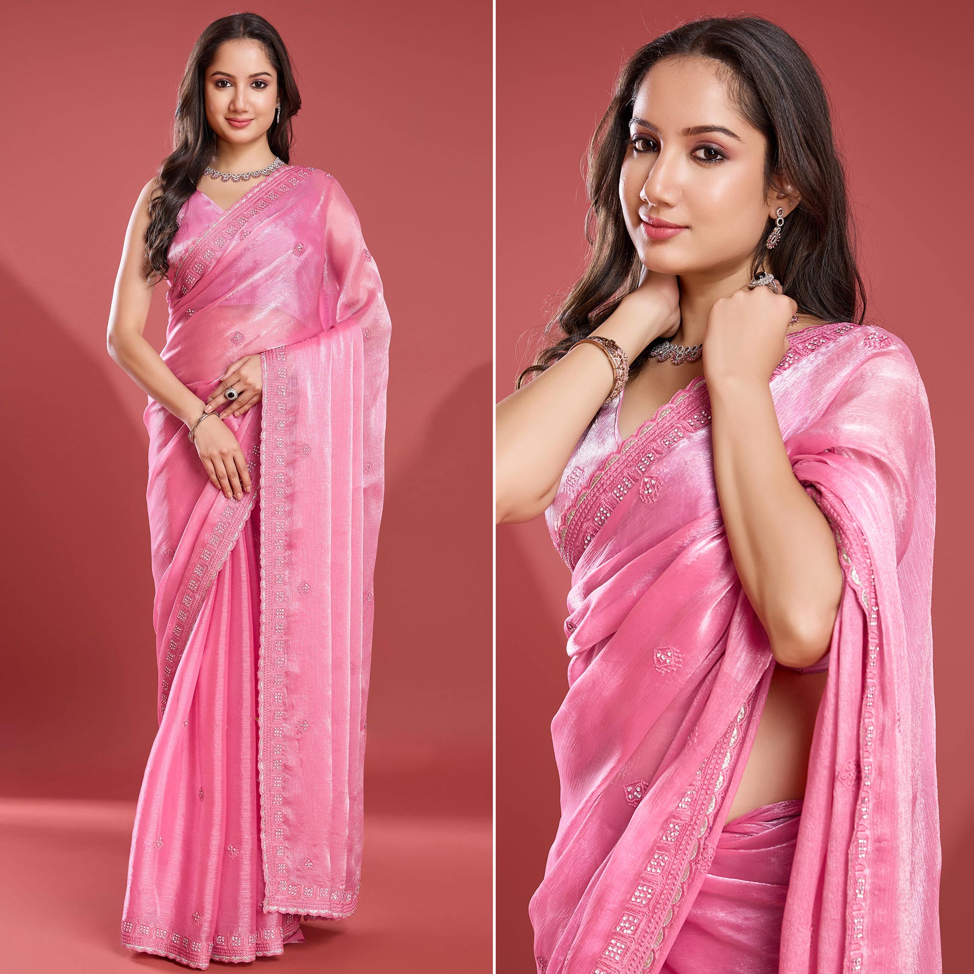 Pink Embroidered Work Tissue Saree